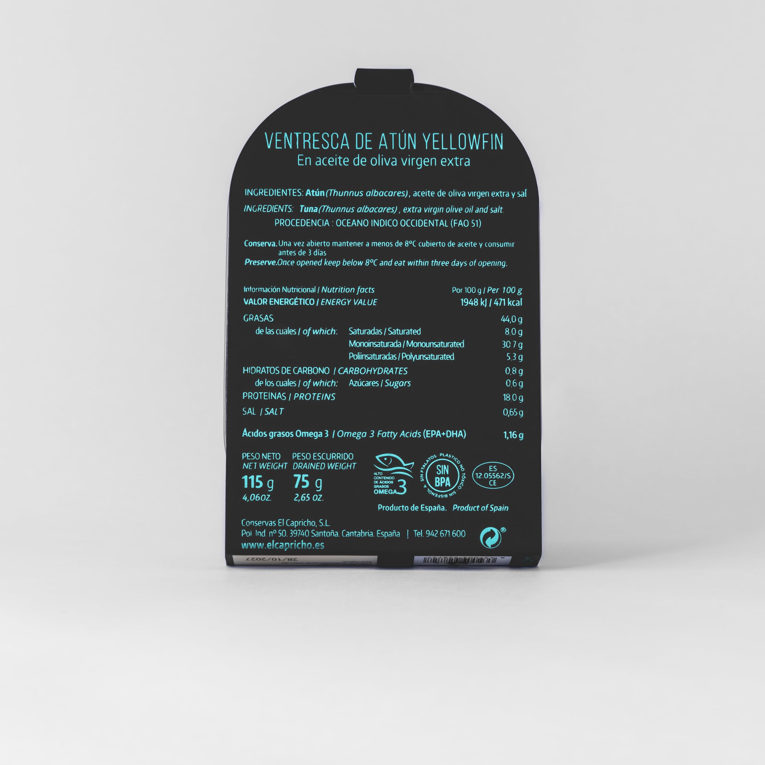 EL CAPRICHO, Santoña, Ventresca de Atún Yellowfin, Aceite de Oliva Vigen Extra Arbequina, Peso: 115 g Neto, 75 g Escurrido (Pack de 2)