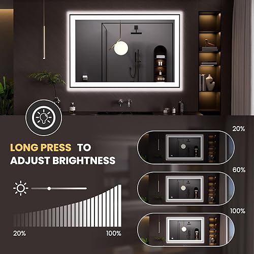 Miniatura 3 de LOAAO Espejo de baño LED de 48 x 32 pulgadas, marco negro, antiniebla, regulable, espejo de tocador de baño iluminado para pared, función de