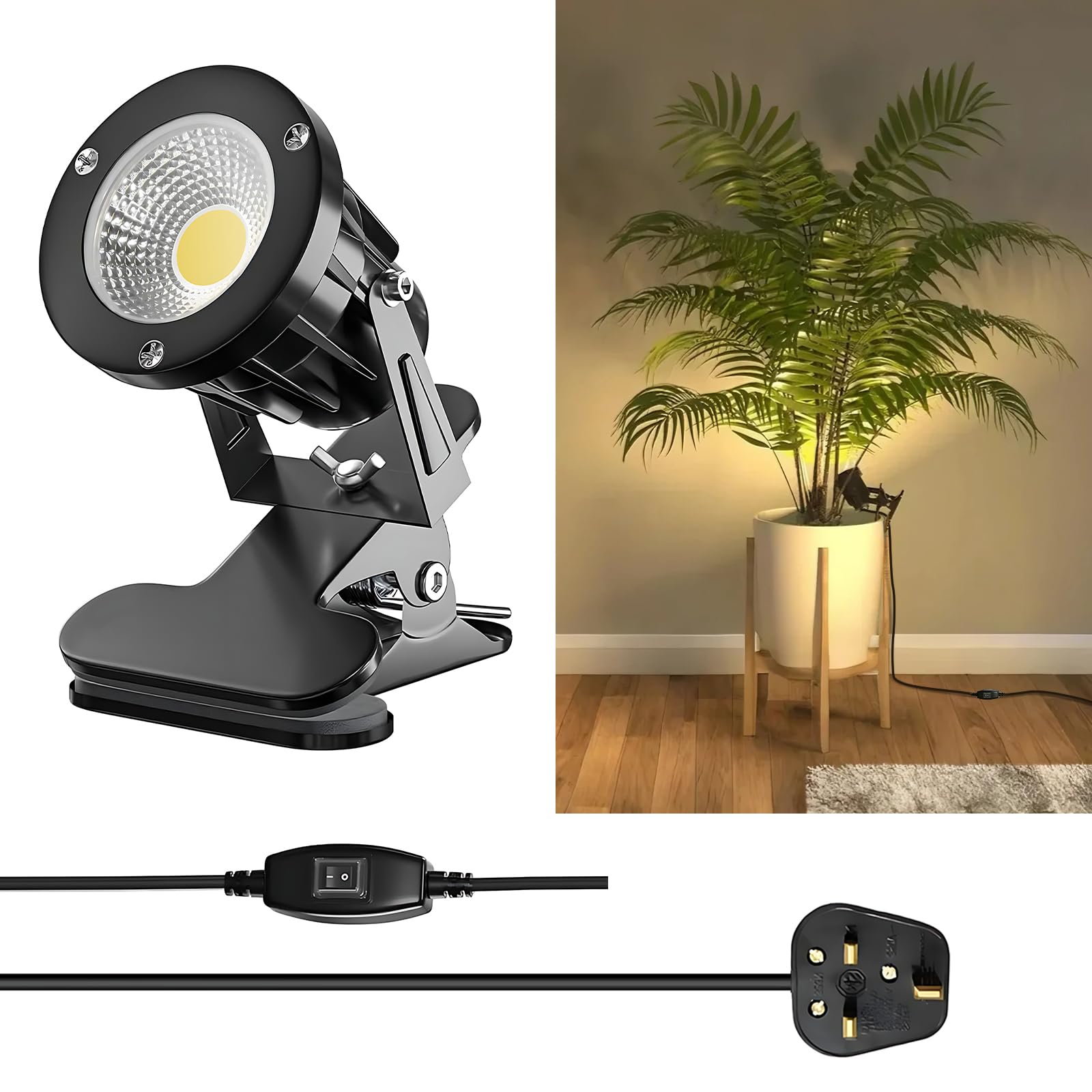 HomiShine LED Clip on Spot Light with On/Off Switch, IP65 Waterproof Plug in Spot Lights Plant Uplighters for Indoor Outdoor, 7W Clamp Lamp Garden Spotlight Mains Powered, 2M Cord, Warm White