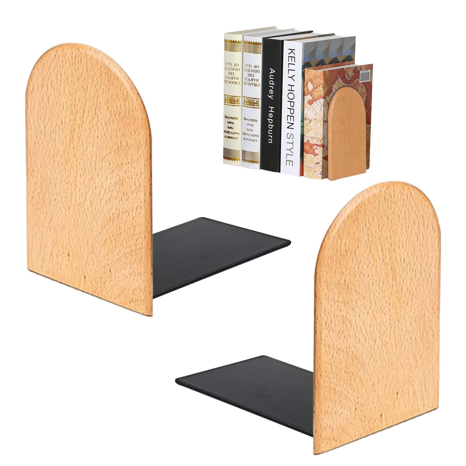 1 Pair Book Ends, Non-Slip Bookends, Wood-Handmade Heavy Duty Book-Ends for Shelves, Nature Beech-Wood-Books-Stand Bookends for Shelves Home Office and Library