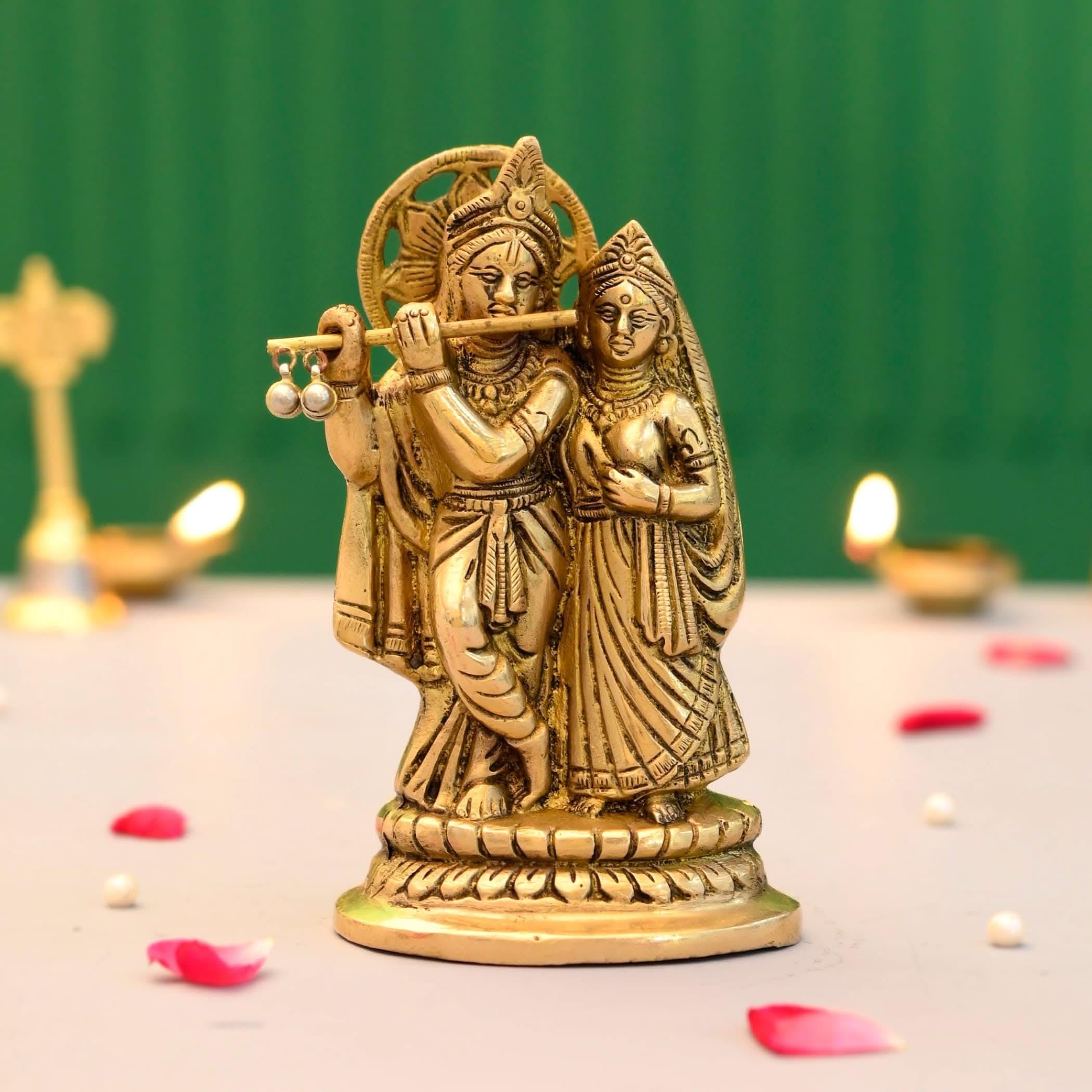 LOVENSPIRE Brass Radha Krishna Statue Hindu God Religious Lord Krishna with Radha Rani Murti Idol - Sculpture for Home Temple Mandir Pooja Decor - Decorative Showpiece Housewarming Gift (5.5 Inches)