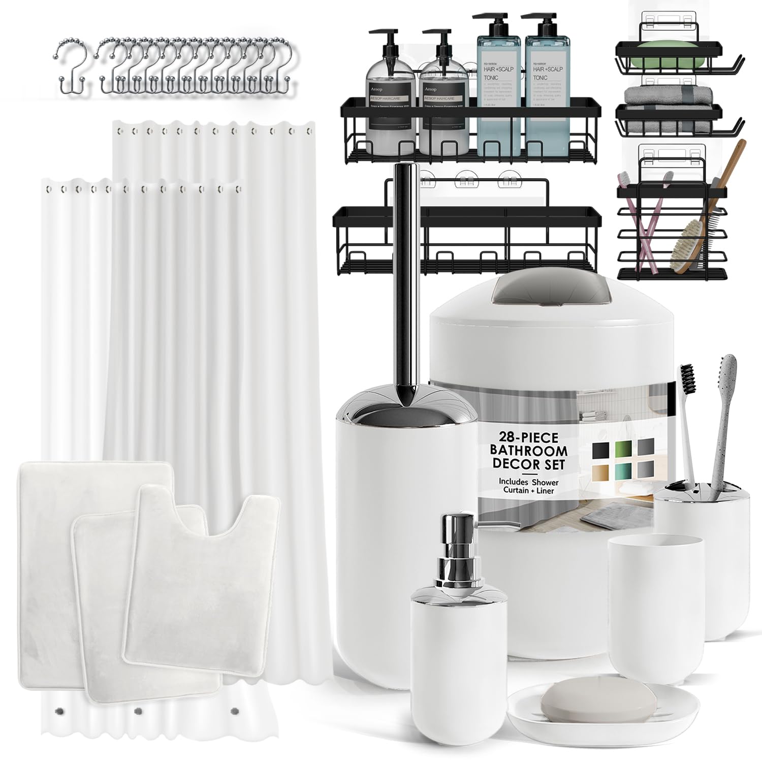 Clara Clark Bathroom Accessories Set - 28PC Bathroom Set with Adhesive Corner Shower Caddy Hanging, Bathroom Sets with Shower Curtain and Rugs, White Shower Curtain Set with Bathroom Trash Can