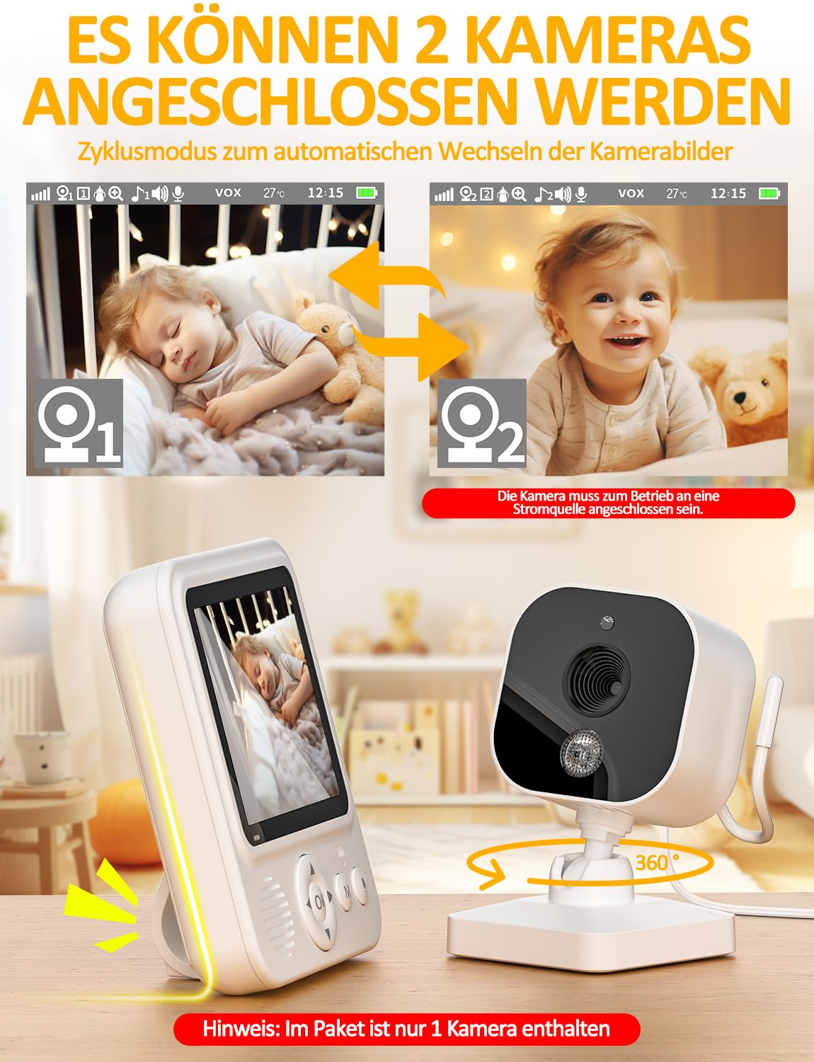 OBVHNUA Vigilabebés con Cámara 720p IPS, Monitor para Bebés 2,8" con Batería de 2000mAh, Zoom Digital, Modo VOX, Audio Bidireccional, Visión Nocturna, Control de Temperatura, Canciones de Cuna, Alarma