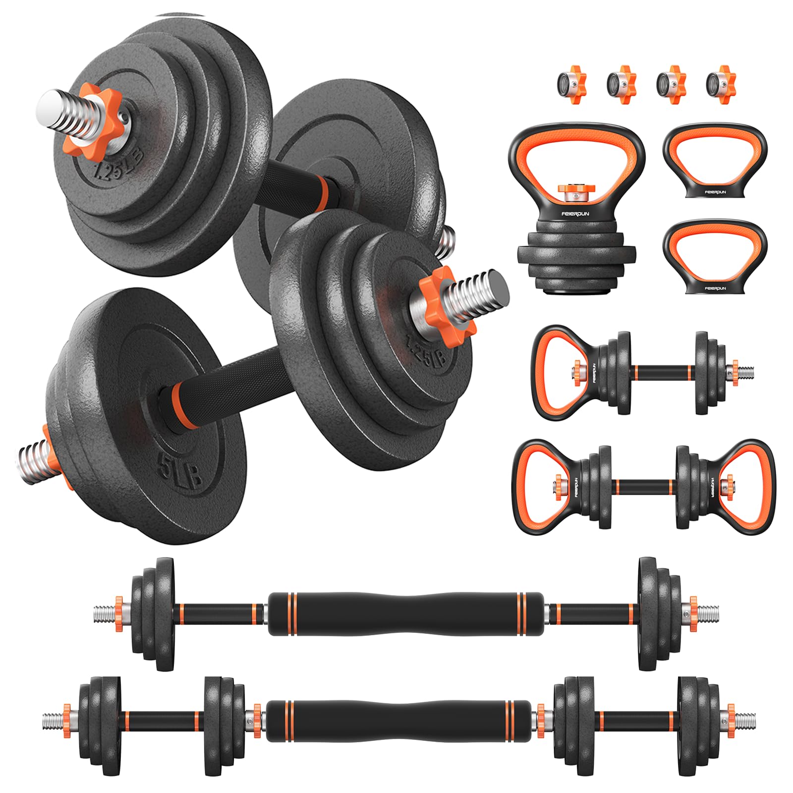 FEIERDUN Adjustable Dumbbells, 20/30/40/50/70/90 Pounds Free Weight Set with Connector, 4 in1 Dumbbells Set Used as Barbell, Kettlebells, Push up Stand, Fitness Exercises for Home Gym Suitable Men/Women