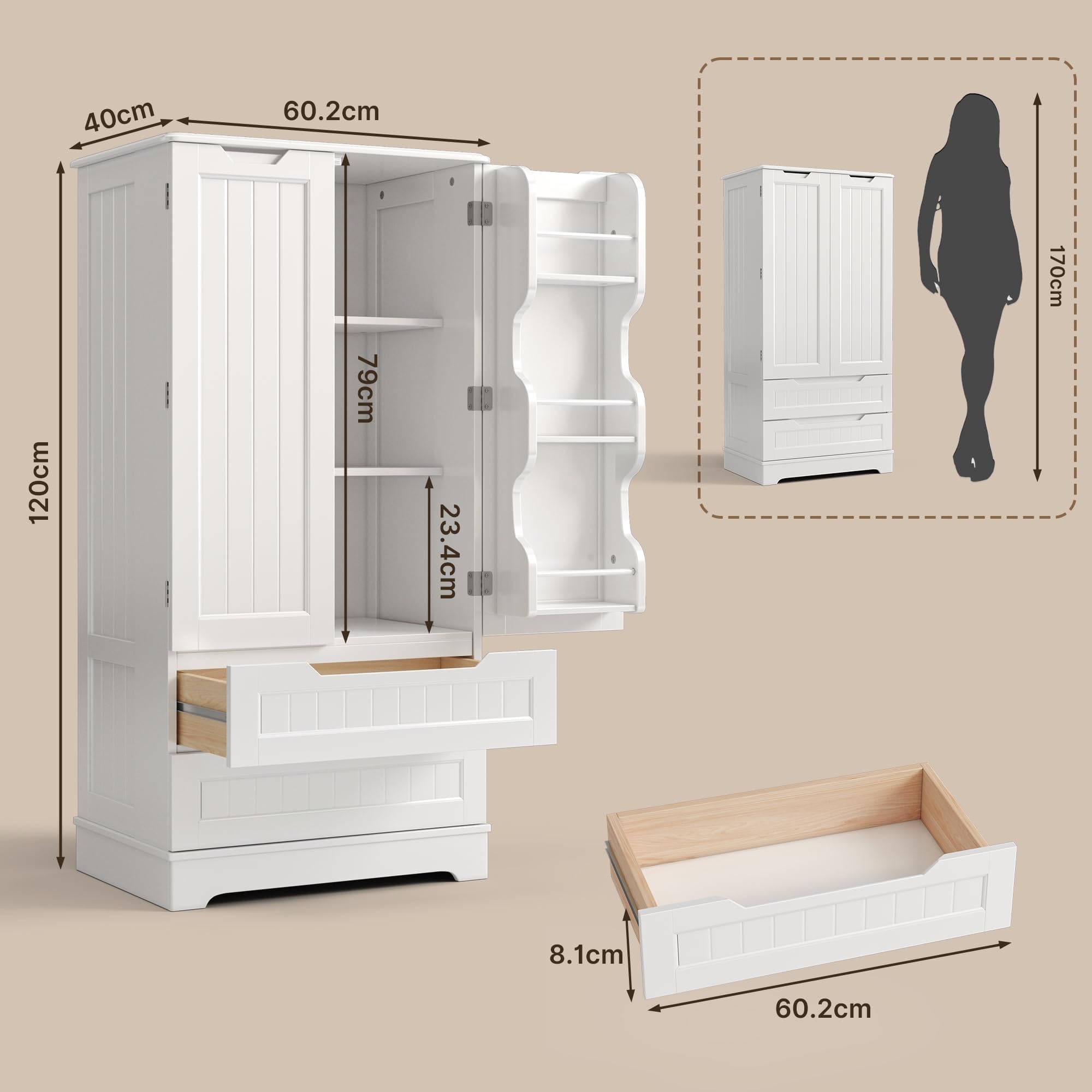 Buffet Cuisine, Meuble de Rangement, Blanc | 2 portes et 2 tiroirs, structure MDF, pour cuisine, salon et chambre,60 x 40 x 120 cm