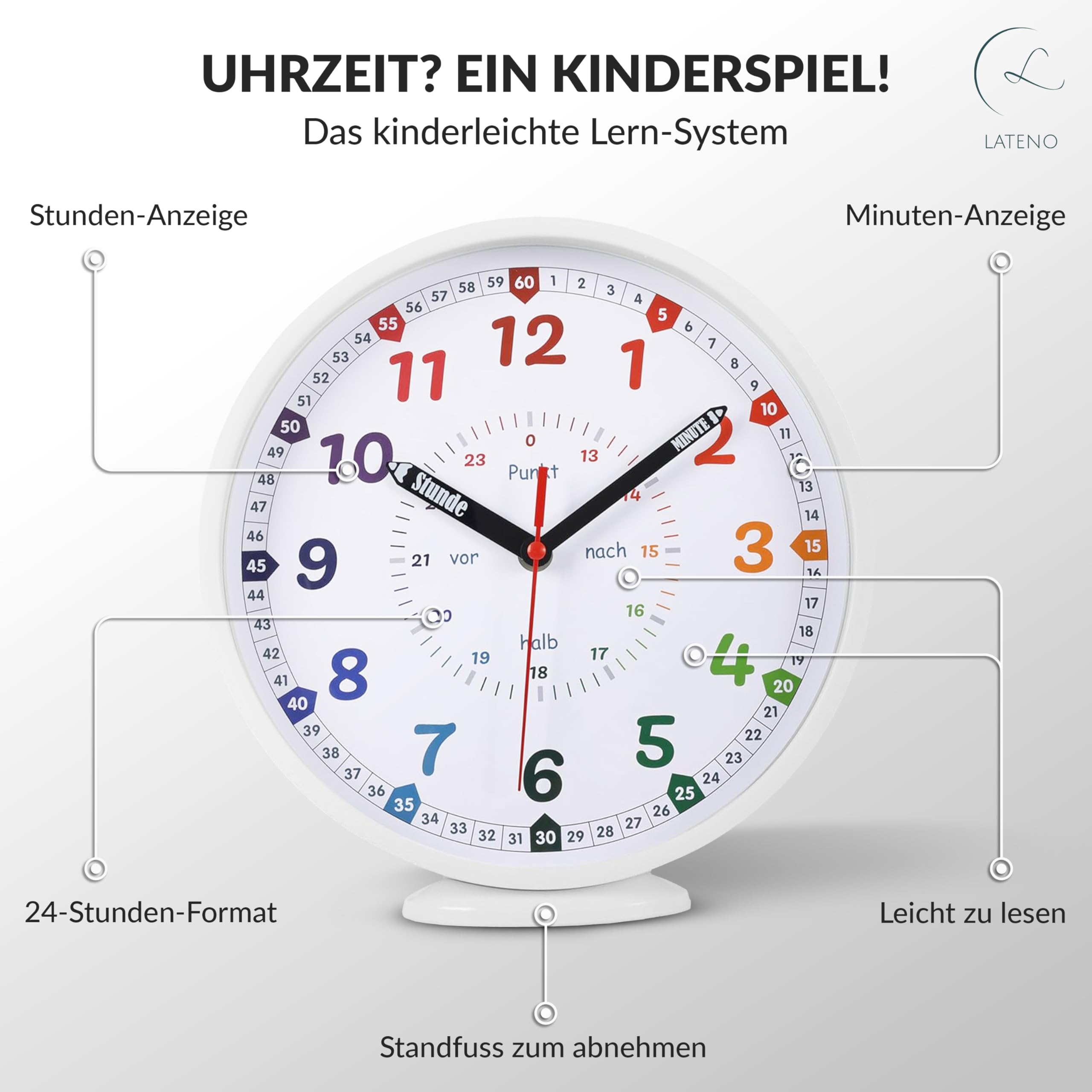 Reloj de pared para niños blanco - Reloj de pared colorido para habitación infantil silencioso - Reloj de aprendizaje para niños sin ruido de tictac - Reloj analógico de pared infantil para