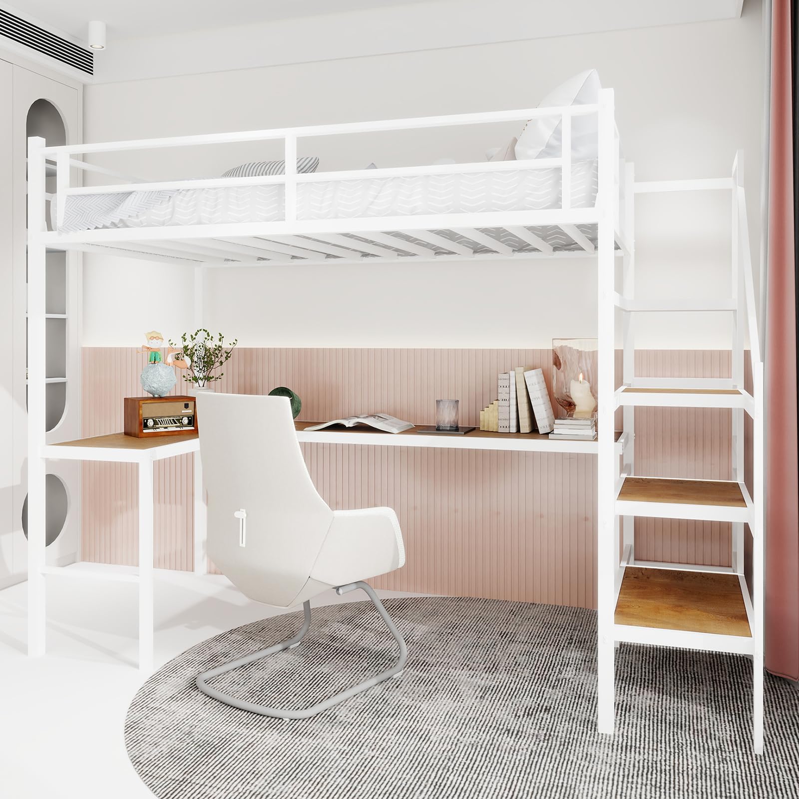 Cama alta de metal 90 x 190 cm, con escritorio, escalera con amplio espacio de almacenamiento y compartimentos, barandilla de seguridad, color blanco (sin colchón)