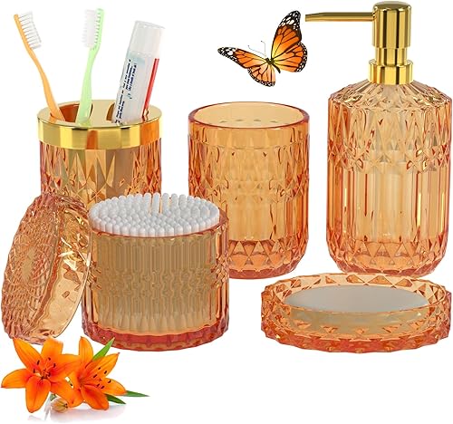 Juego de accesorios de baño naranja 5 piezas, accesorios modernos de baño de vidrio, dispensador de jabón de loción, jabonera, soporte para cepillos