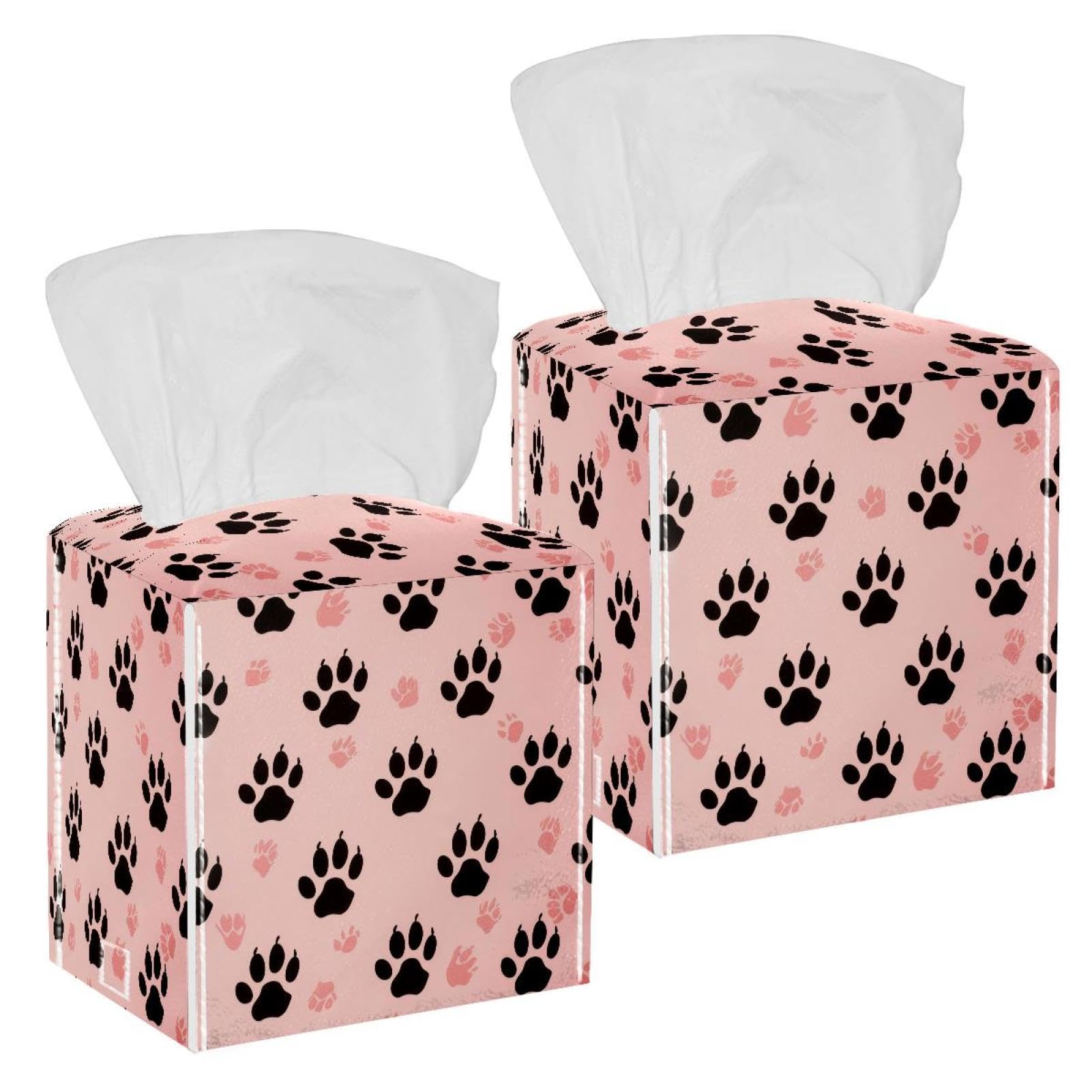 Dog Paw Tissue Box Cover, 2 Pack PU Leather Square Facial Tissue Dispenser Box holder for Home Office Car