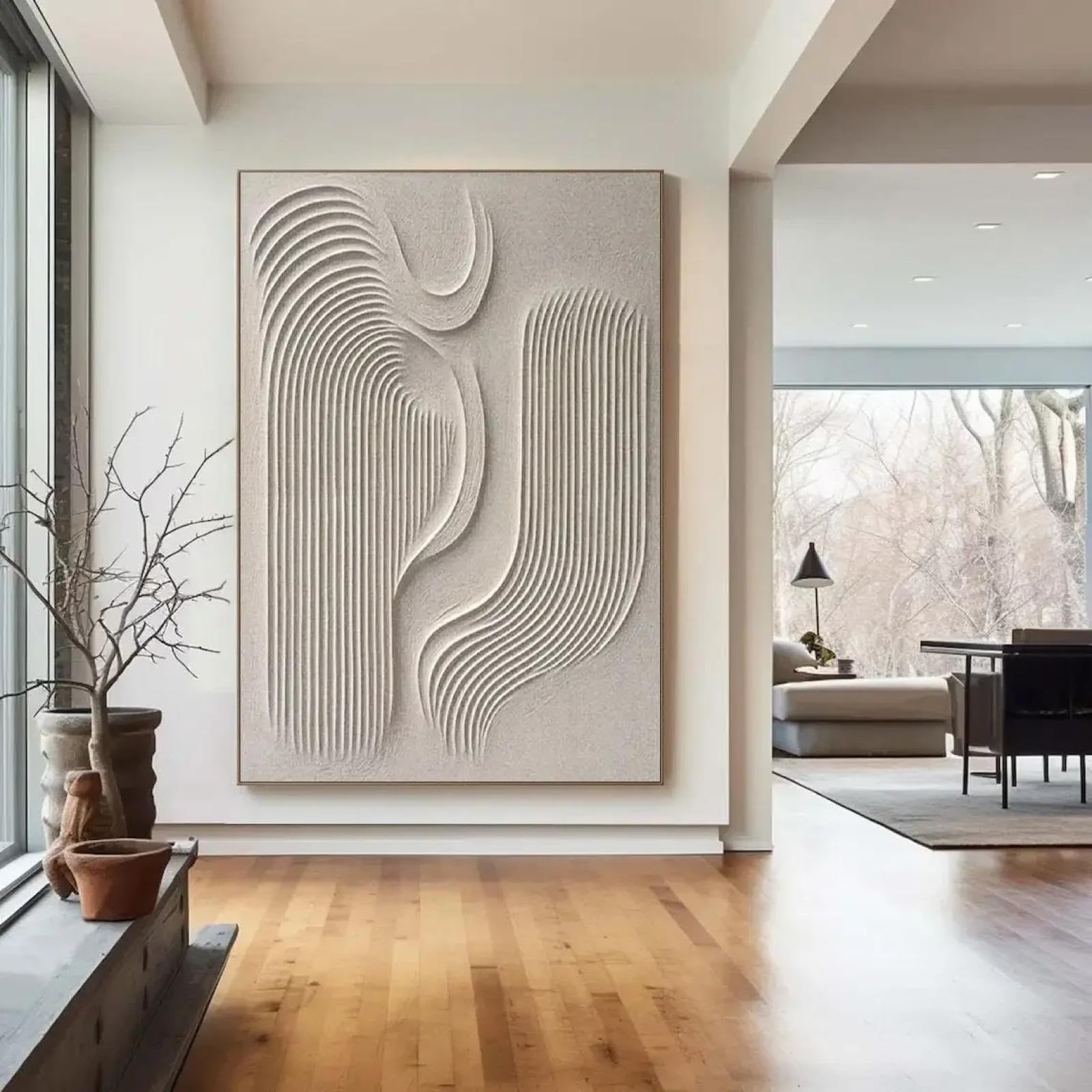 BMGKYAGL Großes beiges 3D-Strukturgemälde, beige, abstraktes Gipsgemälde auf Leinwand, Wabi-Sabi-Wandkunst, beige, moderne Wanddekoration, 80 x 120 cm Rahmen