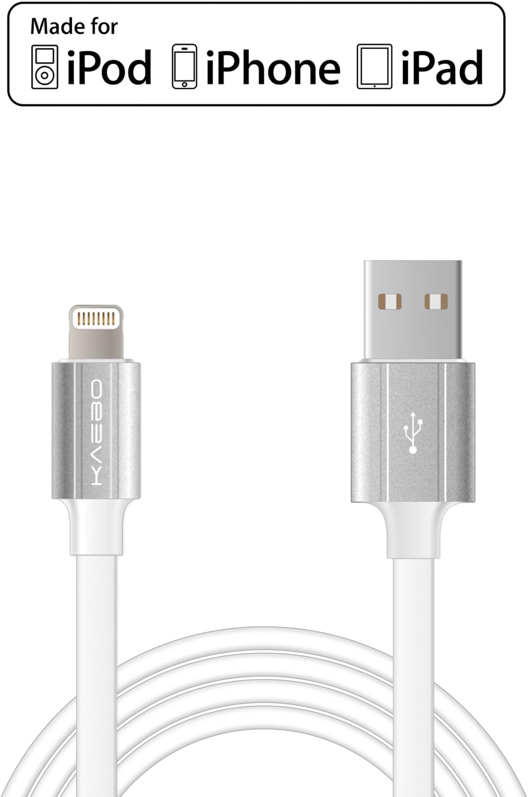 Juno Power KAEBO (WHITE) - Lightning Cable (Apple Certified) - 1 Meter (3.3 FT) Rubber iPhone Lighting 8 Pin Cable with Aluminum Connectors for iPhone 6 Plus, 6, 5S, 5C, 5; iPad Air, iPad Mini and More; Apple Lightning Cable, Lightning Charger, Lightning Cable MFI Certified