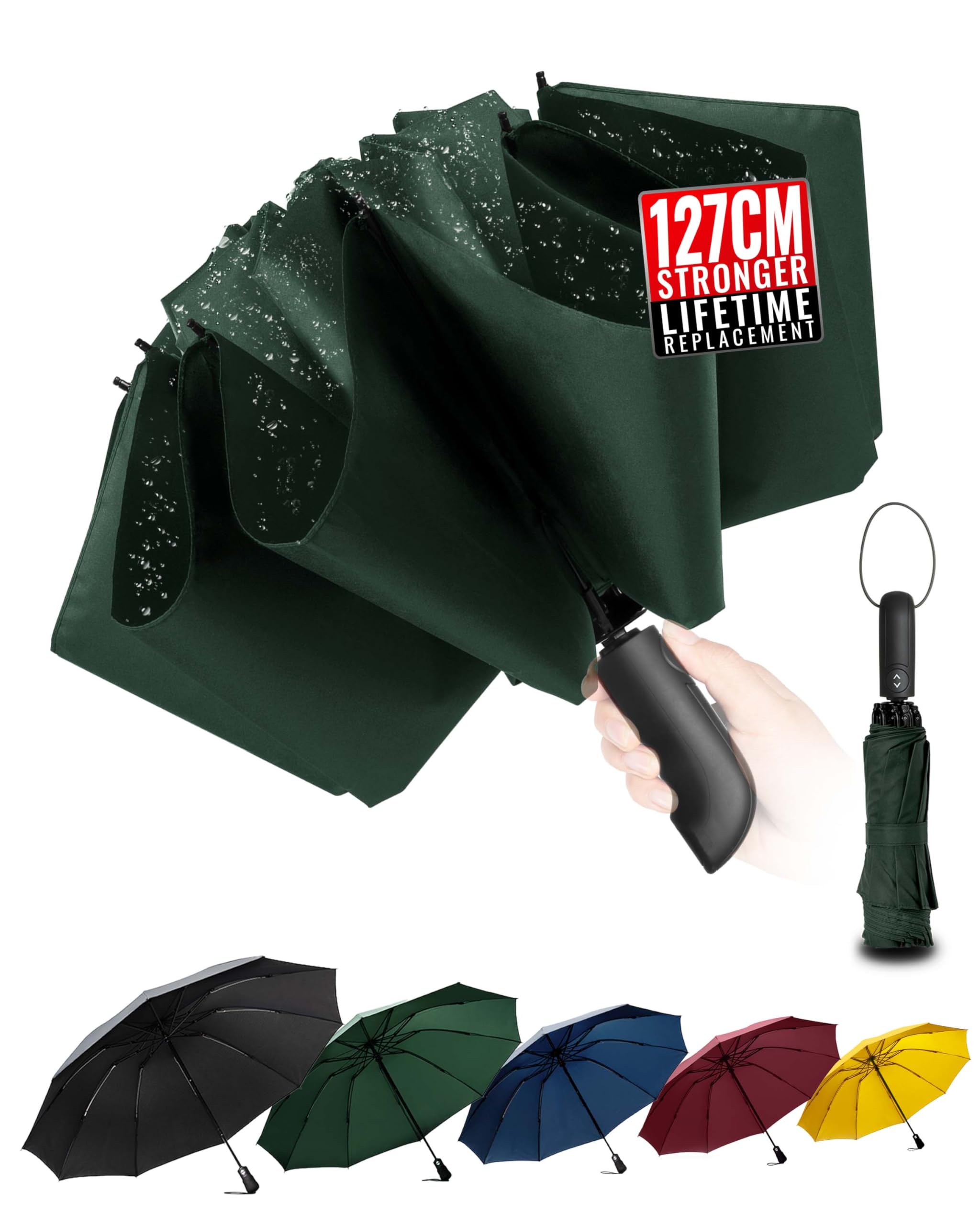 Conlun Ombrello pieghevole antivento pioggia compatto anti-tempesta - automatico verde per uomo, rivestimento in Tessuto 210T, ombrello inverso da 114 cm, grande 10 ossa Regali di Natale
