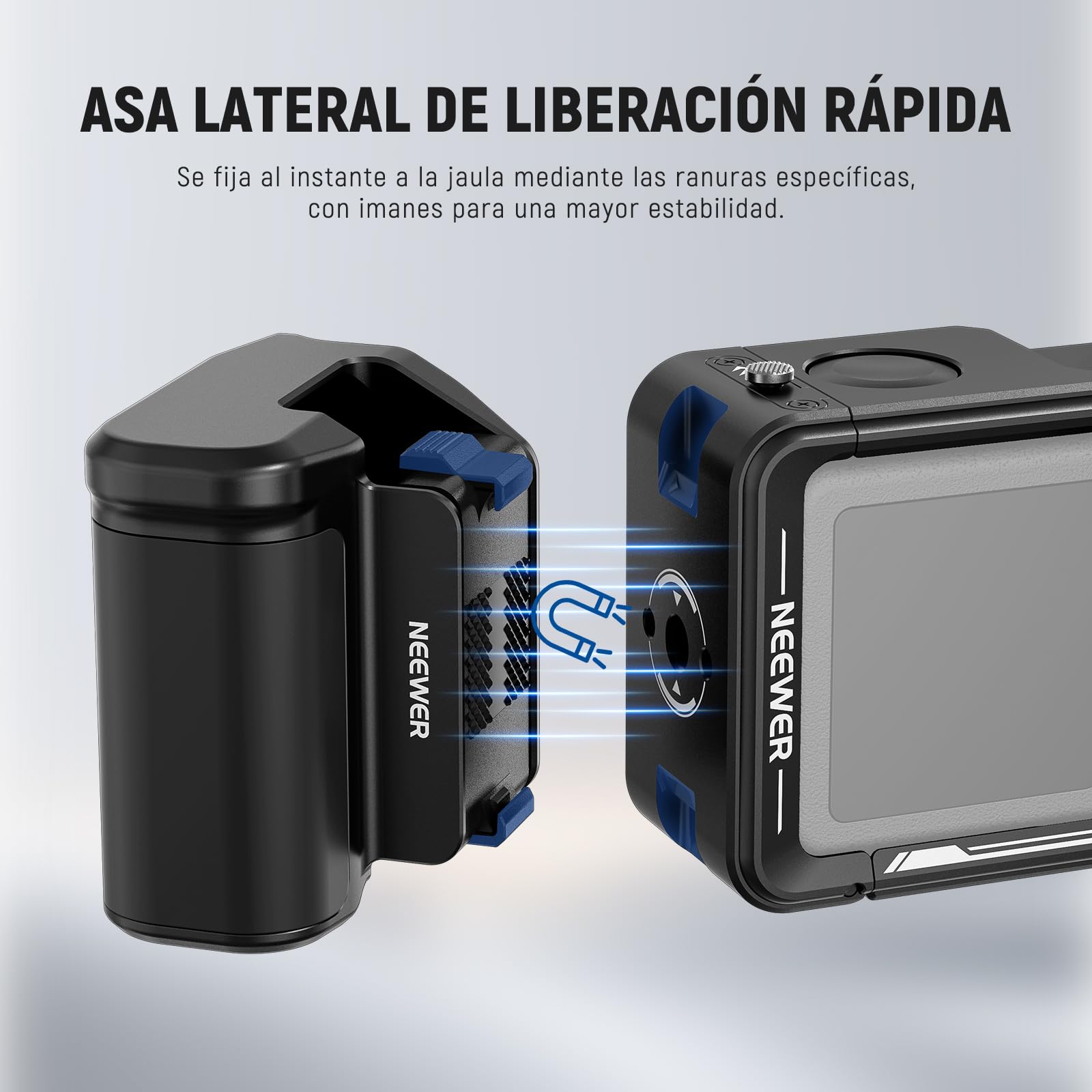 NEEWER Kit de accesorios de jaula y mango lateral compatible con cámara DJI Osmo Action 5 Pro / 4/3, soporte magnético de metal protector para video, barra extensora de obturador de zapata fría, negro