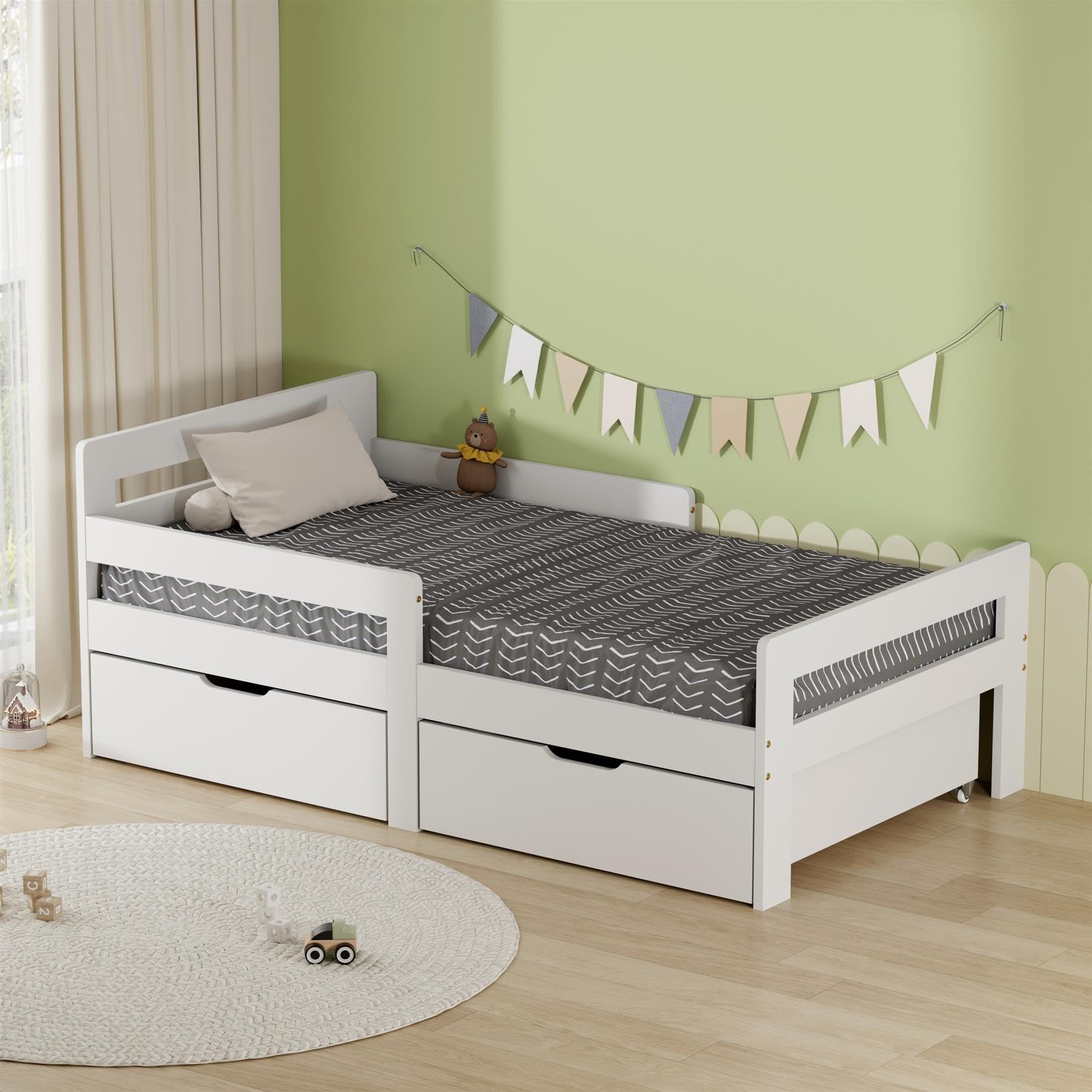 AVC Designs Junior Wooden Bed Toddler Solid Pine Wood Modern Children Kids Junior Bed Frame White With Storage