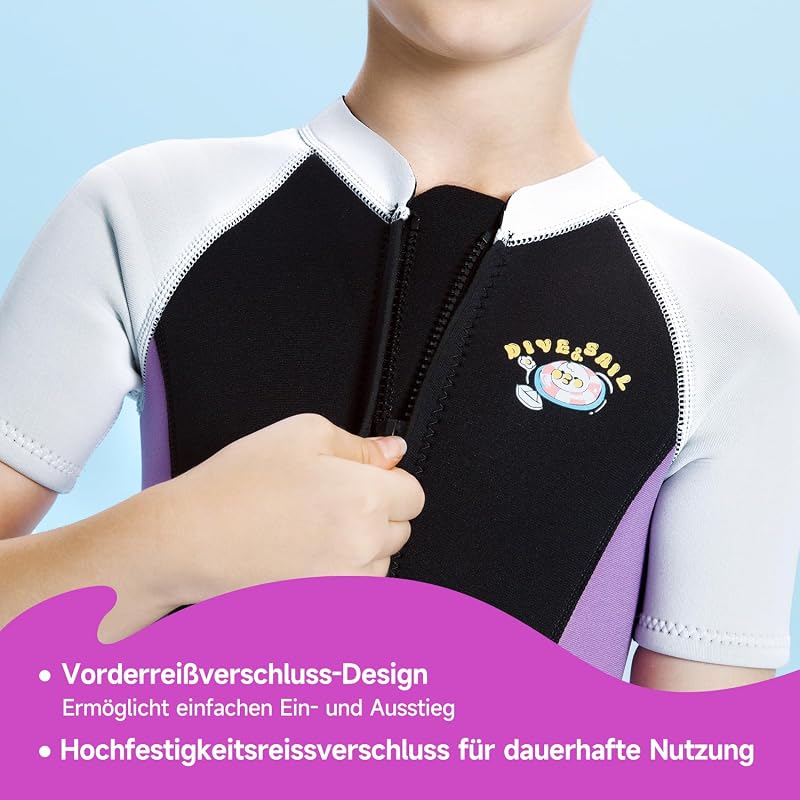 X-mAnTA Gyermek Neoprén Shorty Búvárruha 2,5 mm - Lila Rövidített Vízisport Ruha Elülső Cipzárral Úszáshoz, Búvárkodáshoz, Szörfözéshez - 2XL méret