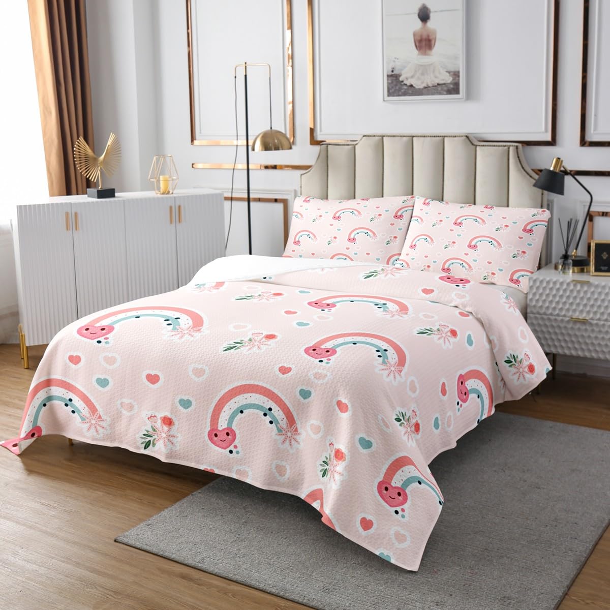 Rainbow Bedspread Queen Size,Love Heart Cartoon Bedspread for Kids Girls Women,Cute Flowers Rainbows Bed Cover Pink Orange Quilt Coverlet,2 Pillowcase