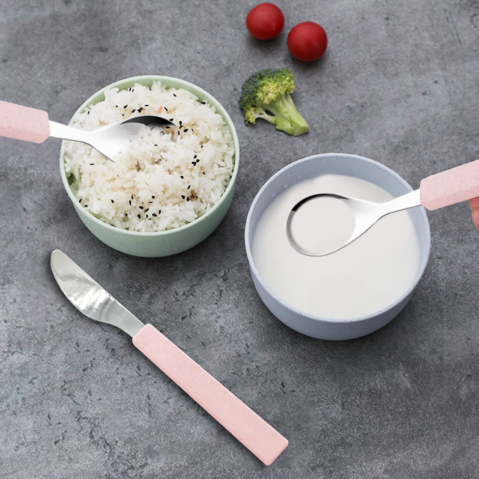 VANRA Set di 3 utensili per bambini in acciaio inossidabile 18/10 Set di posate per bambini Set di argenteria Coltello Cucchiaio Forchetta con custodia da viaggio per bambini Lunch Box(Rosa)