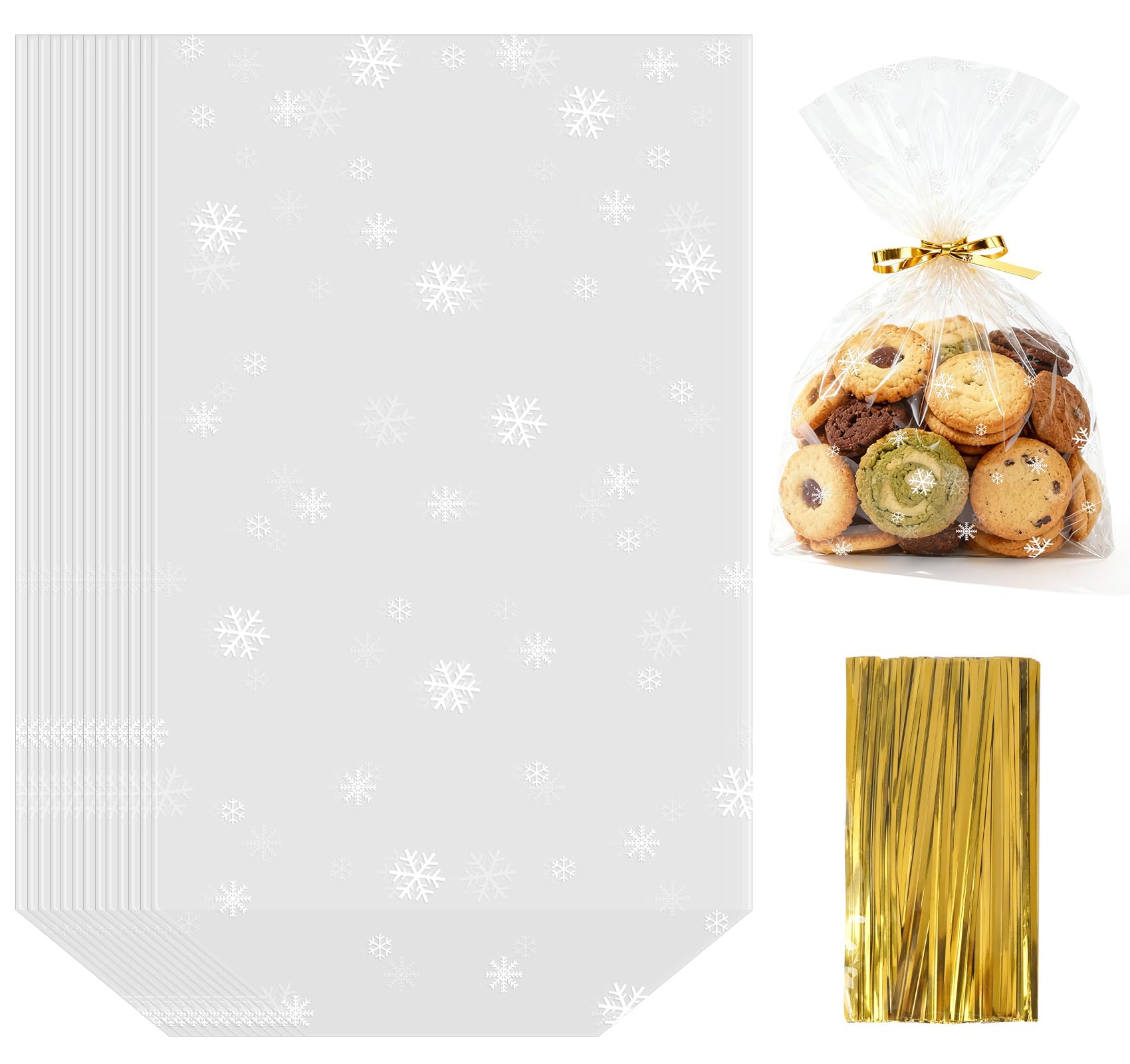 Anstore 100PCS Cellophane Christmas Bags Xmas Cellophane Gift Treat Bags, Small White Snowflake Xmas OPP Bag with Gold Ties, 18x30cm Stand-Up Base Food Bag for Sweets, Cookies & Party Favors Christmas