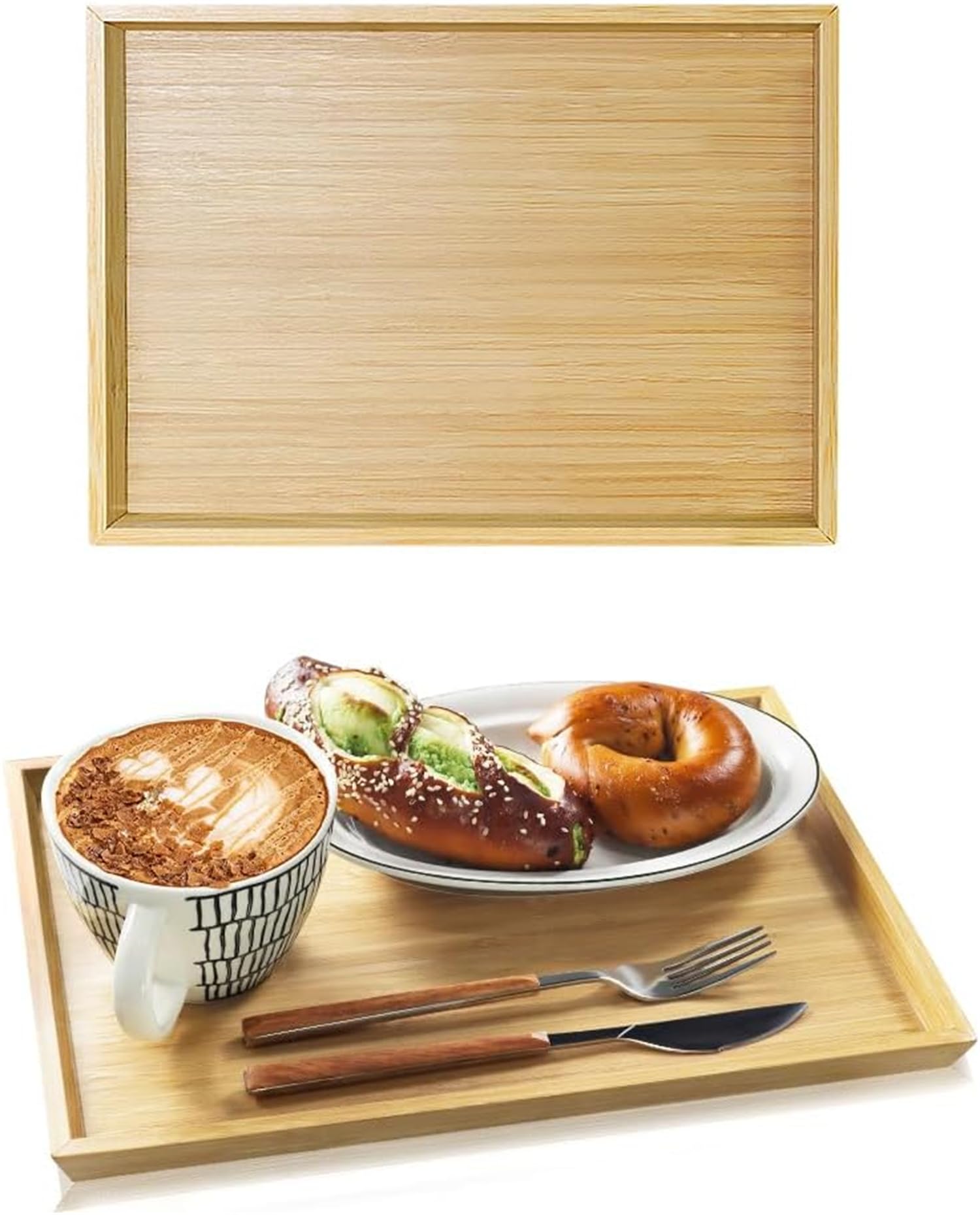 Azonee Bamboo Serving Tray, Rectangular Wooden Bamboo Breakfast Tray Dinner Tray Decorative Coffee Tea Platter for Living Room Bedroom Kitchen Dinner Table Outdoors, 33 * 22 * 2.2cm, 2 Pcs