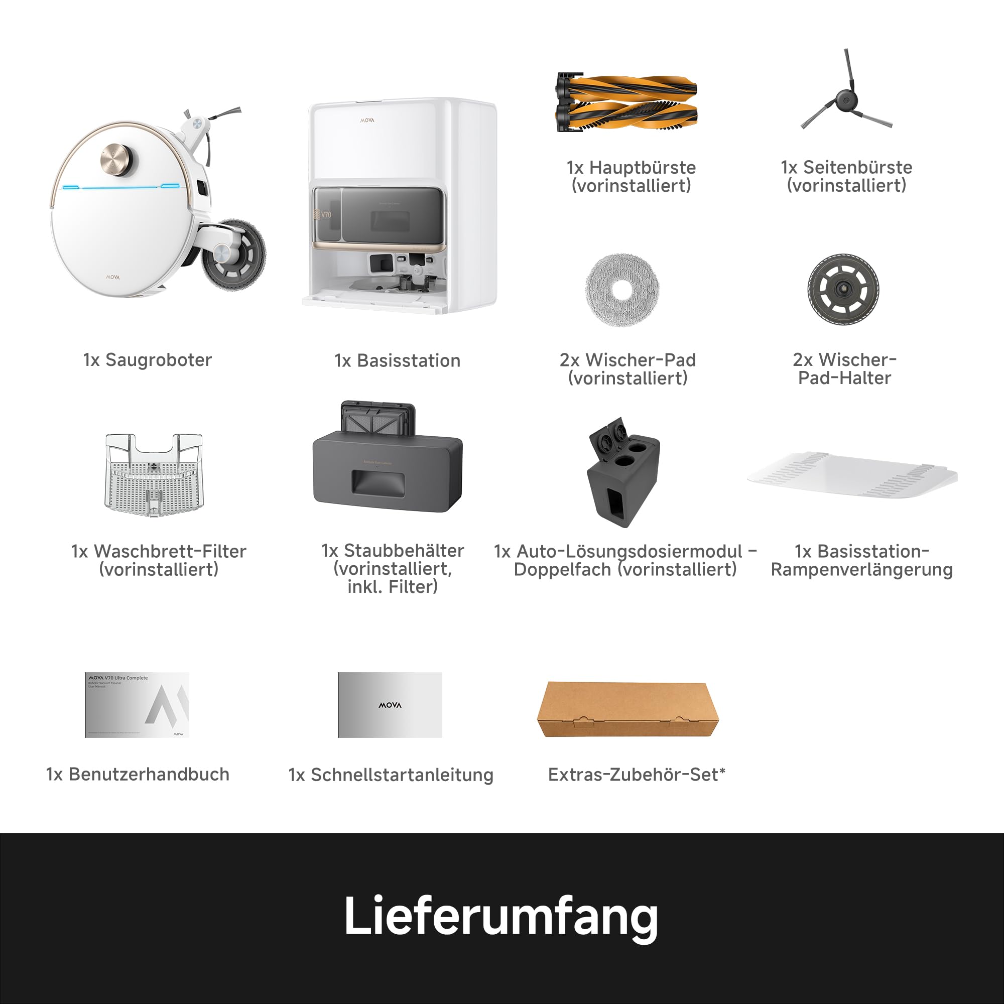 Mova V70 Ultra Complete X Saugroboter, MaxiReachX-Doppelverlängerung Seitenbürste & Mopp, 40.000 Pa Saugkraft, 15N Abwärtsdruck & 300 U/min Wischen, 9 cm Hindernisüberwindung, EcoCyclone-Staubbehälter