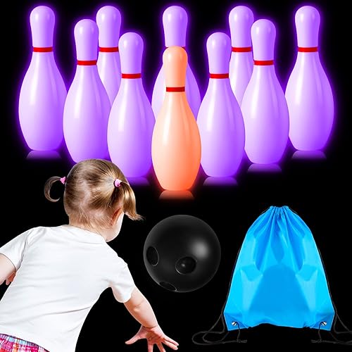 Deekin Juego de 12 bolos que brillan en la oscuridad para niños, juego de bolos con luz LED, juegos de juguete para interiores y exteriores, para