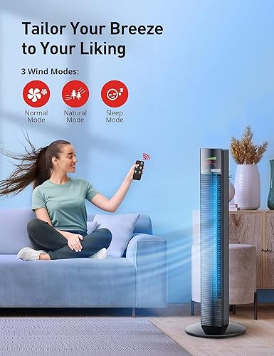 Miniatura 2 de PARIS RHÔNE Ventilador de torre, ventilador oscilante de pie de 44 pulgadas con control remoto, 3 velocidades, 3 modos, temporizador de 12 horas,