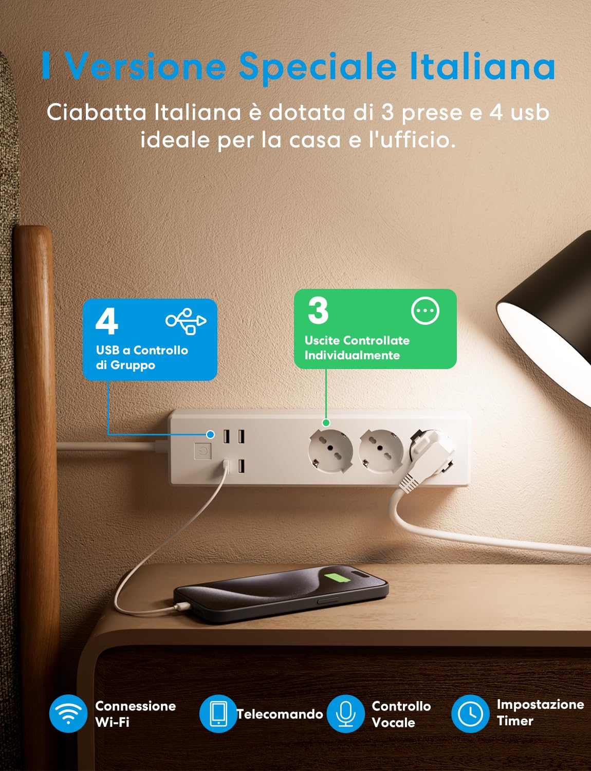 meross Regleta italiana Alexa multienchufe inteligente con USB WiFi con 3 tomas CA 4 puertos USB, enchufe inteligente protección contra sobrecarga, compatible con SmartThings, Alexa, Google y App