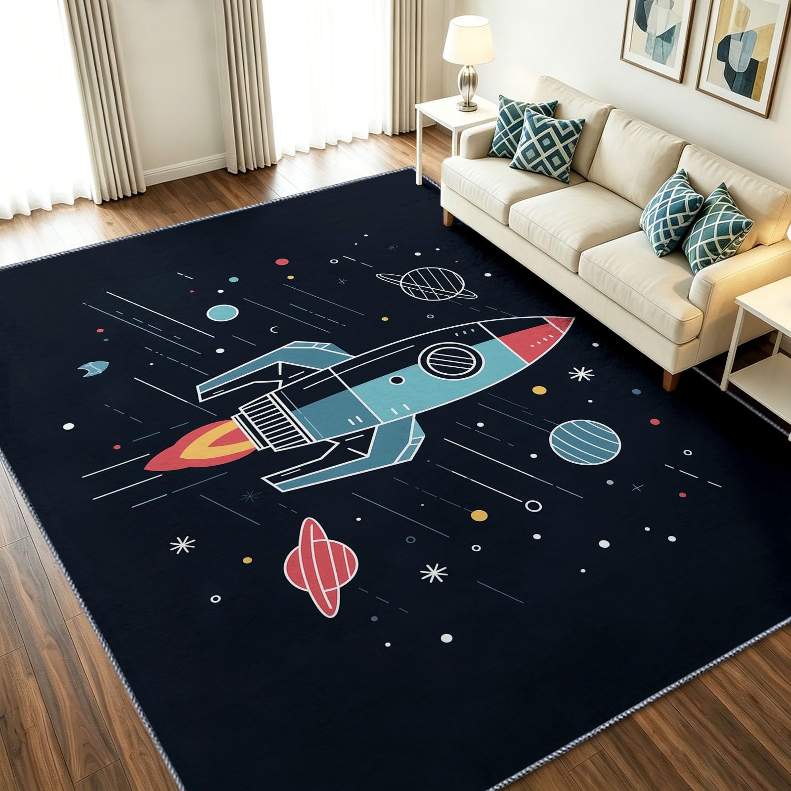 Generisch Alfombra de cohete planetas 160 x 230 cm para salón, dormitorio, comedor, antideslizante, suave pelo corto, dibujos animados, espacio exterior, alfombra negra para fácil limpieza