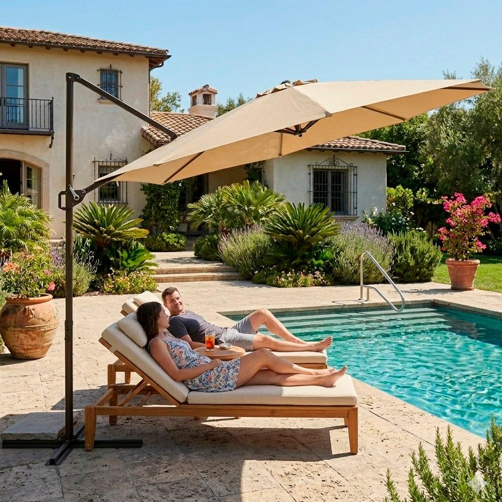 MONTY Parasol excéntrico alta RESISTENCIA, de Ø300 cm, Beige, mástil Ø48mm de Acero Marrón Topo, con Antiviento, Manivela y barra Estabilizadora, Elegante y Duradero, tratamiento Anti-corrosión