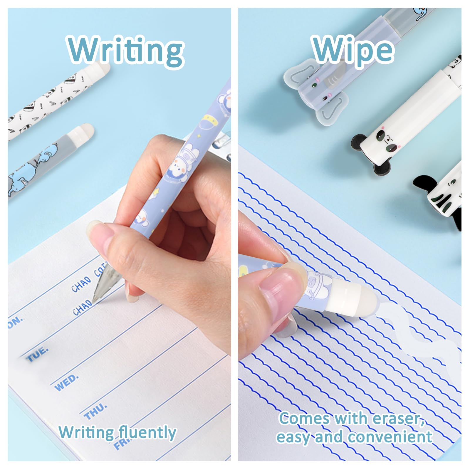 Confezione da 6 penne gel cancellabili blu inchiostro dolce cartone animato erasable pen punta punta 0,5 mm diametro mina sfera all'estremità per rimuovere l'inchiostro senza usura del foglio, per