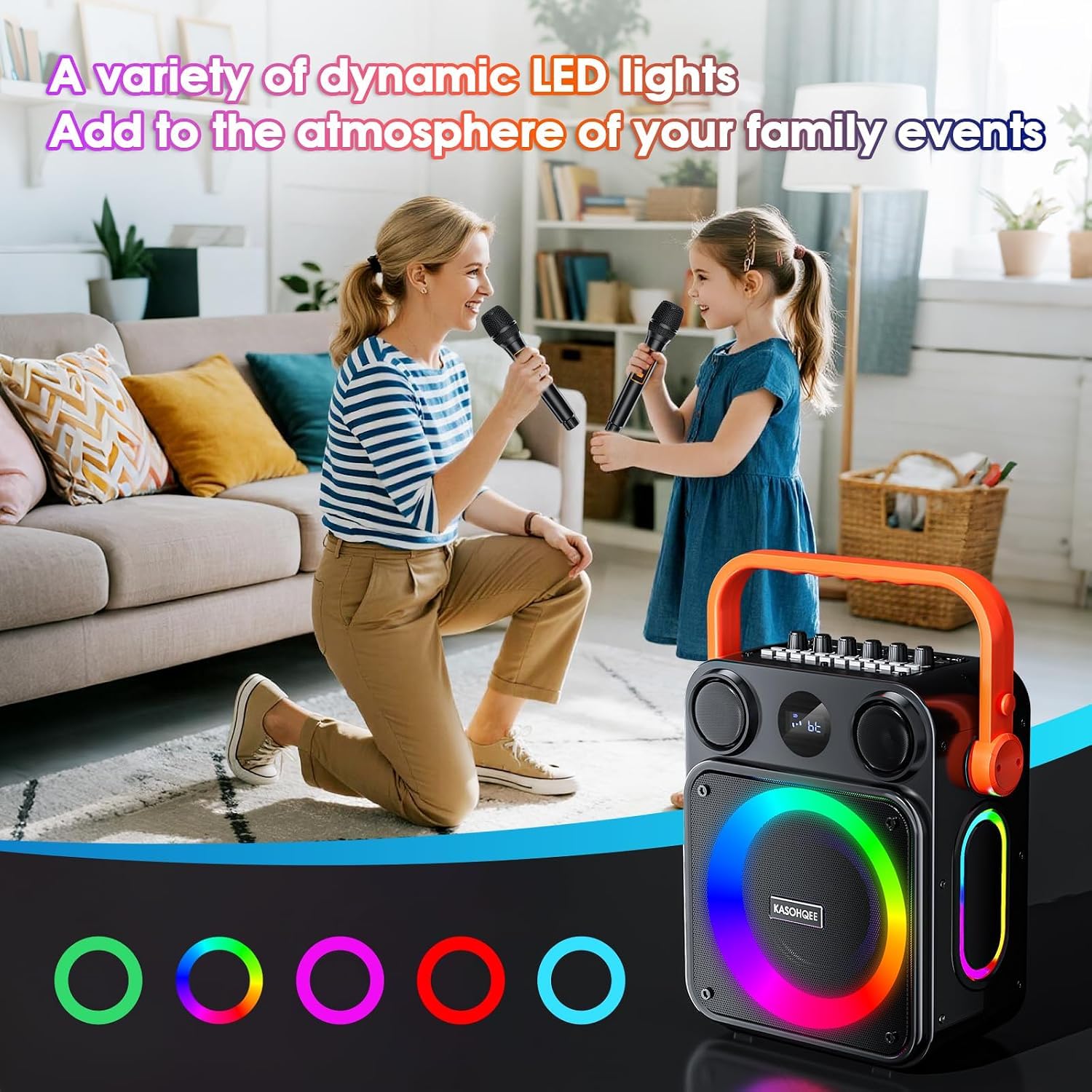 Karaoke-Maschine für Erwachsene, tragbarer Bluetooth-Karaoke-Lautsprecher mit zwei kabellosen Mikrofonen, 3,7-V-Lautsprecher, unterstützt TWS, TF-Karte/USB, AUX-Eingang, REC, Bass und Höhen für