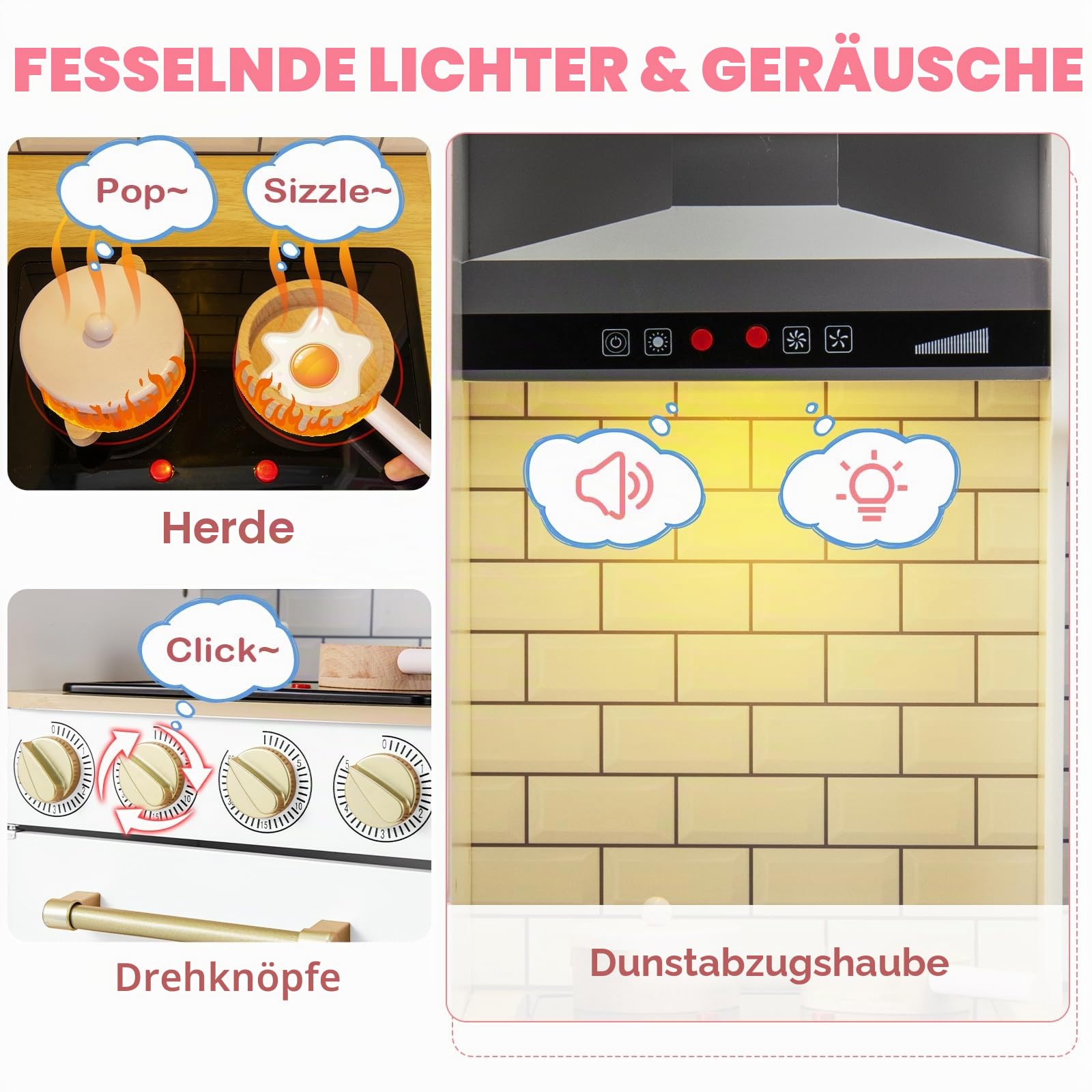 HOMASIS Spielküche mit 10 Zubehör, Kinderküche mit Spüle Herd Dunstabzugshaube Ofen Mikrowelle Tafel Grill Eismaschine, Spielzeugküche mit Licht & Sound, Holzküche für Kinder ab 3 Jahre (Weiß)