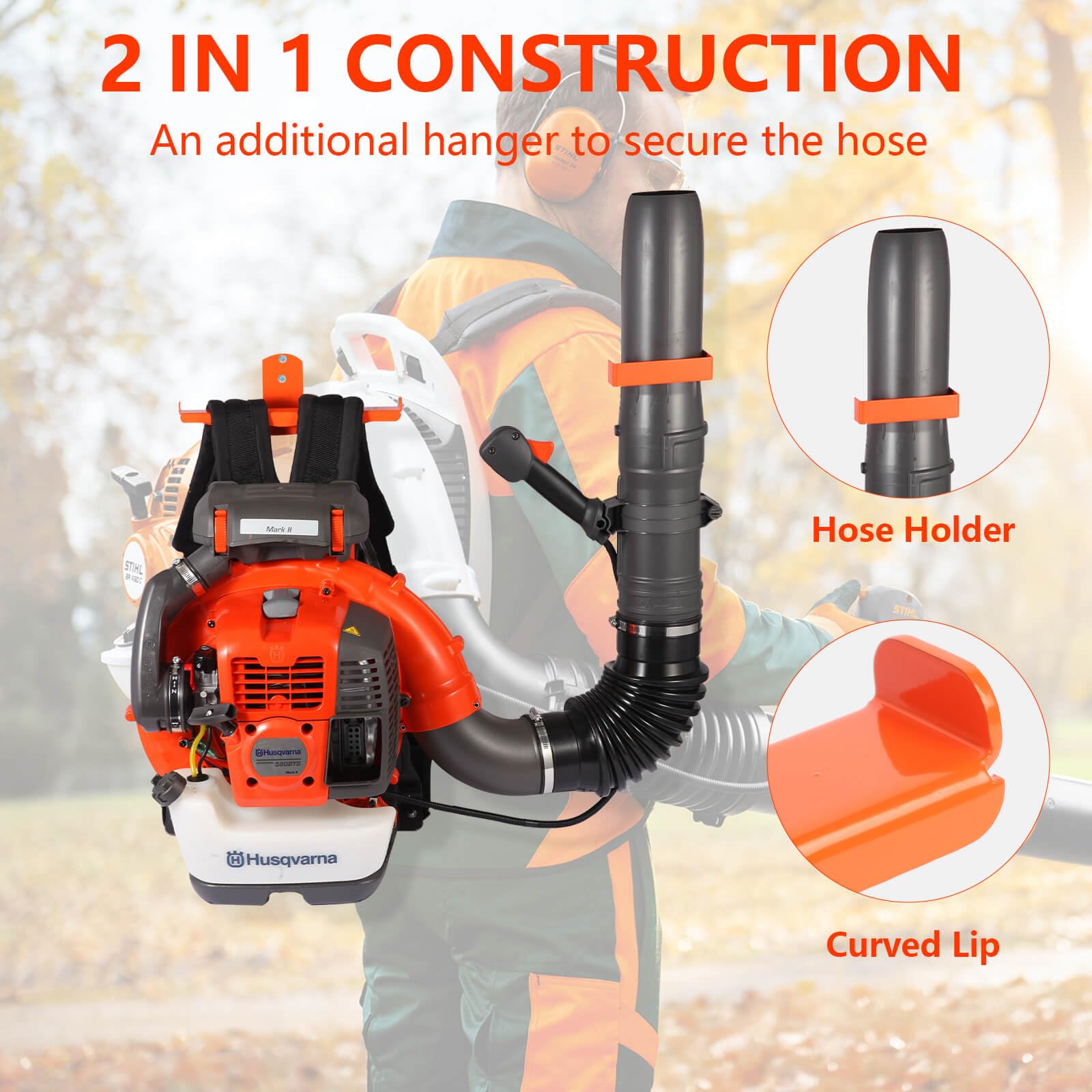 Soplador de mochila con soporte de manguera, soporte de pared para mochila resistente con ganchos de doble cara, colgador de mochila que ahorra espacio para malezas, cortasetos y sierra de cadena