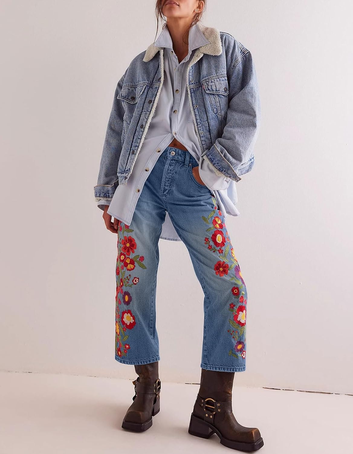 loveimgs Women Baggy Jeans Y2k Floral Embroidered Crop Denim Pants Wide Leg Mid Rise Jeans Cowgirl Sweatpants Trouser Pockets