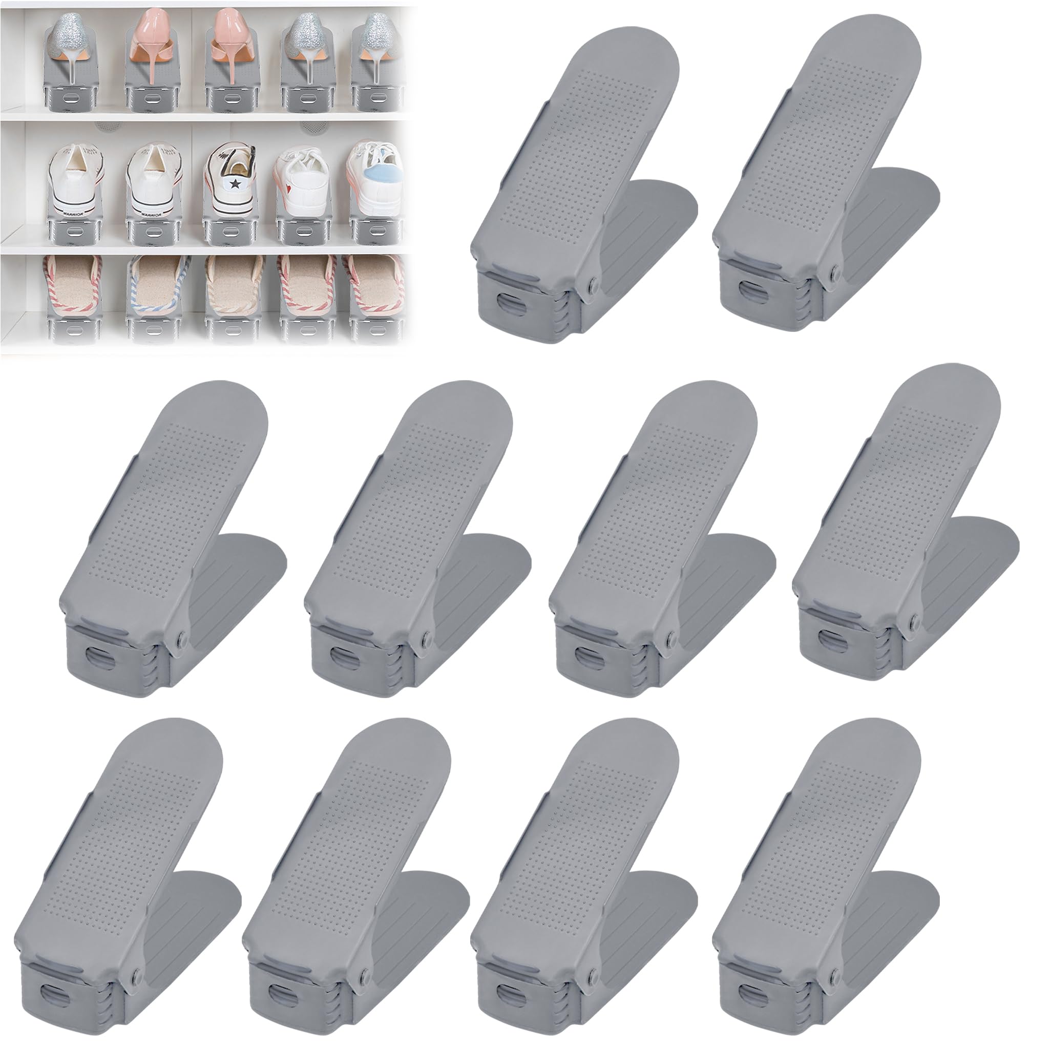 Suusolny 10 Stück Verstellbarer Schuhregal Schuhhalter Schuhstapler rutschfest 3 Höhenverstellbar Schuhorganizer Schuhaufbewahrung - Grau