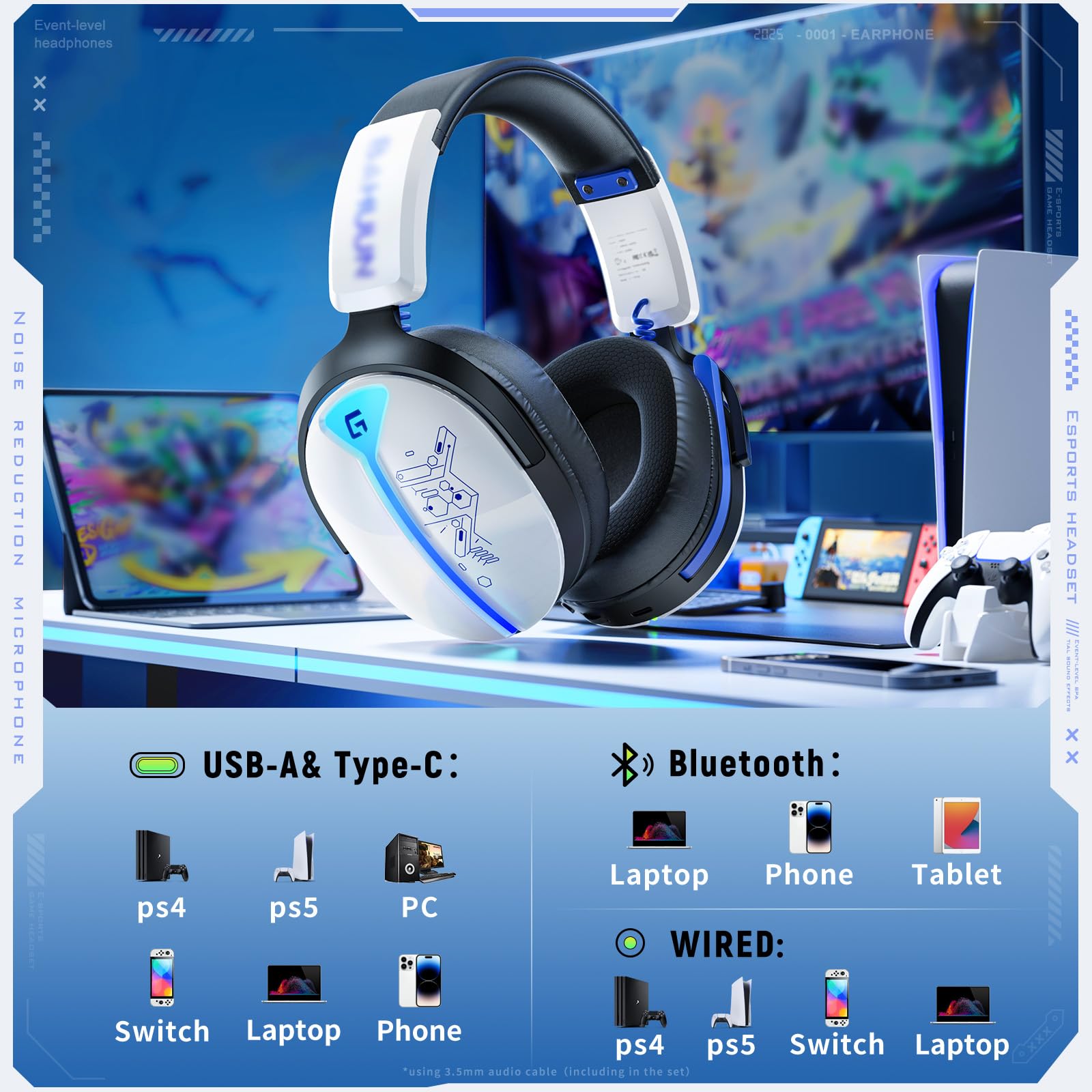 Buwnia Wireless Gaming Headset, Ps5 Headset for PC Ps5 Ps4 Switch, 2.4GHz Lossless Audio Gaming Headsets, Bluetooth 5.3 Gaming Headphone with Noise Canceling Mic & 40H Battery, RGB Light — view 7