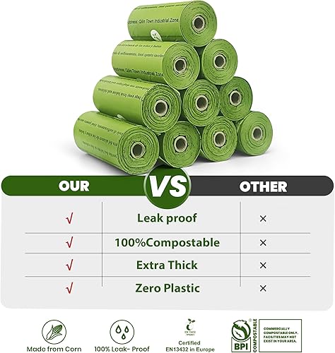 Miniatura 2 de Bolsas compostables certificadas para excremento de perro, 270 bolsas, 18 rollos, bolsas para excrementos para perros hechas de almidón de maíz,