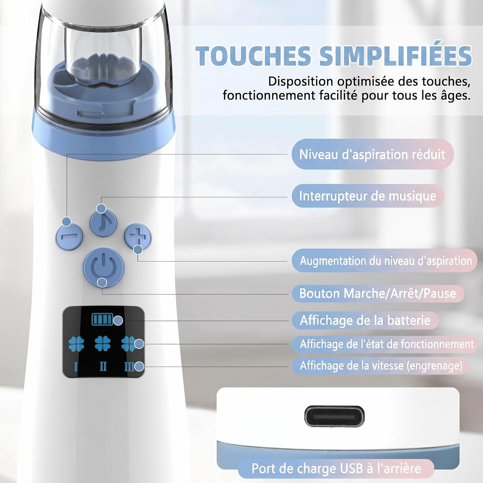 Aspirateur Nasal Électrique Bébé Rechargeable 3 Niveaux d'Aspiration 2 Embouts Musique Lumière Douce