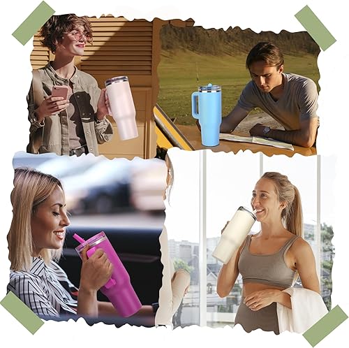 Miniatura 7 de Sursip Vaso de 40 onzas con asa y popote abatible, tapa 100% a prueba de fugas, botella de agua aislada de acero inoxidable para bebidas frías, taza