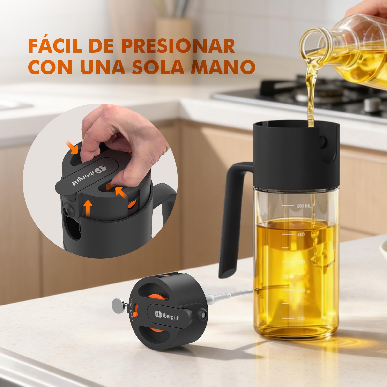 Ibergrif 2 en 1 Pulverizador de aceite 500ml – Rociador de aceite con Escala, Altura 202mm, Aceitera spray de Vidrio de borosilicato, Antigoteo para Freidora de aire, Barbacoa, Ensaladas, Negro, M530B — view 11