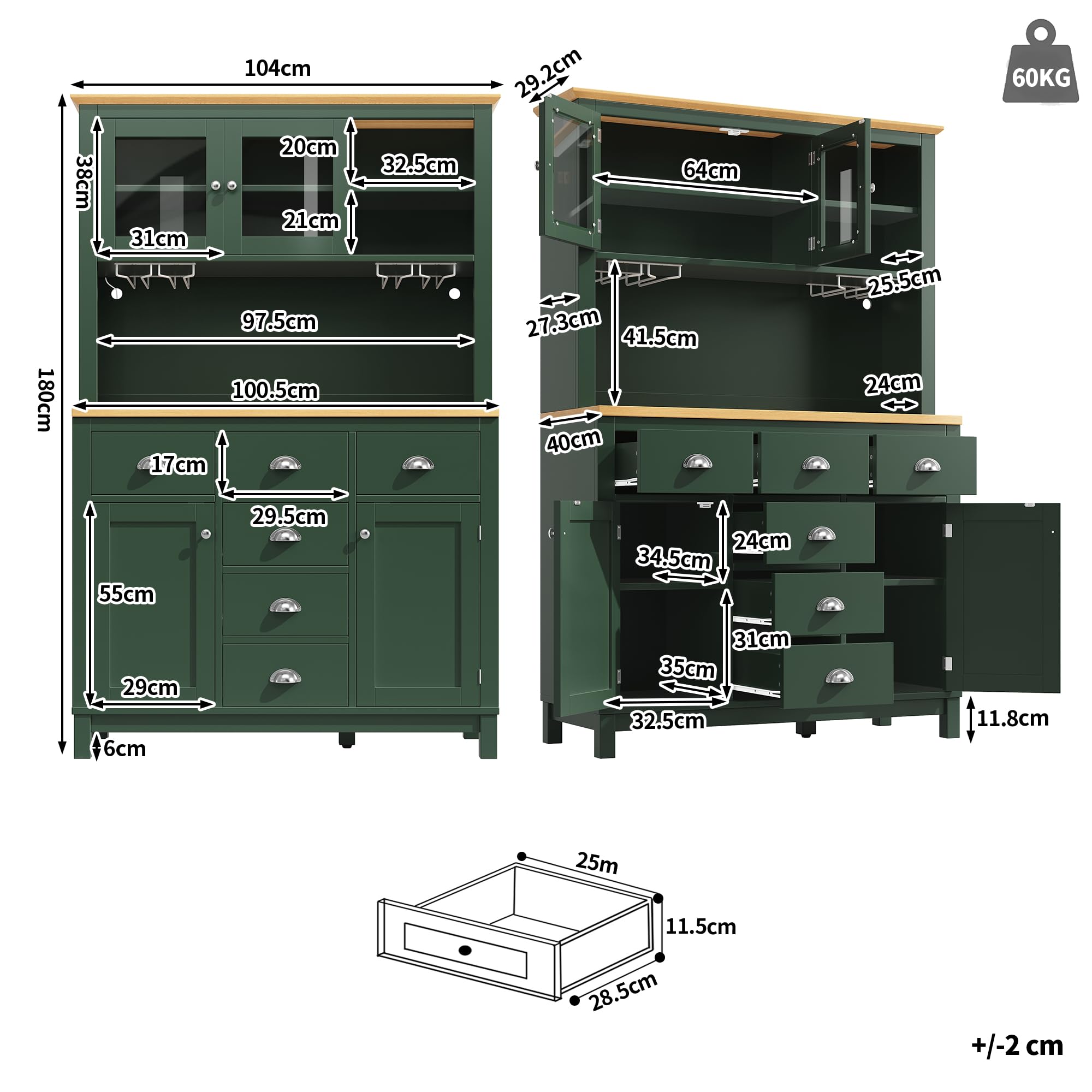 Credenza laterale/Armadietto/Armadietto da cucina/Buffet, 104 x 40 x 180 cm, stile country, 4 ante, con striscia luminosa a LED e portabevande, verde.
