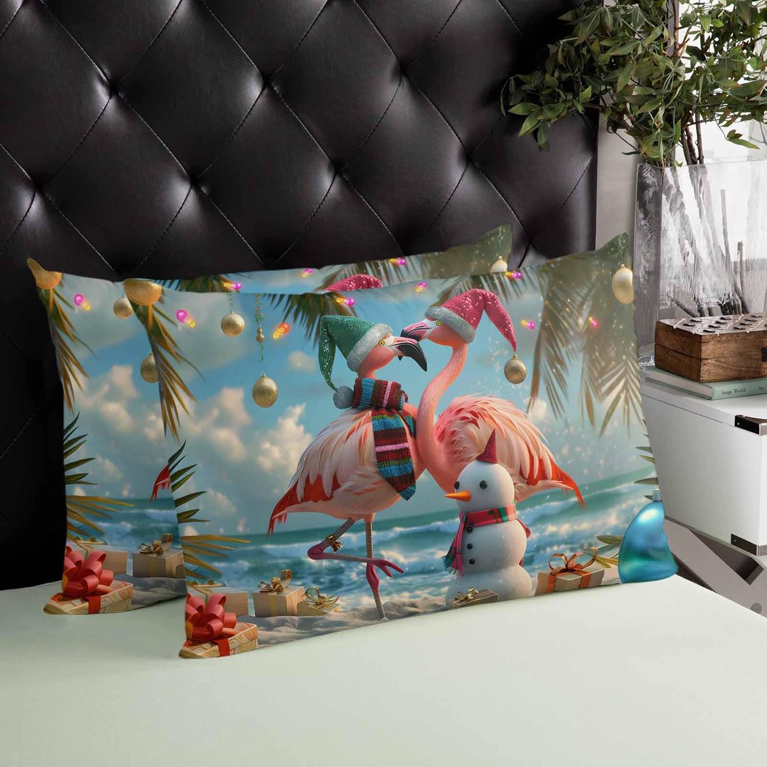 Outdoor Waterproof Throw Pillows Flamingo Christmas Snowman Beach Palm Trees Patio Pillows Pack of 2,Decorative Pillow Covers with Insert,Pillow Cushion Case for Garden Couch Sofa Waves Blue Sky