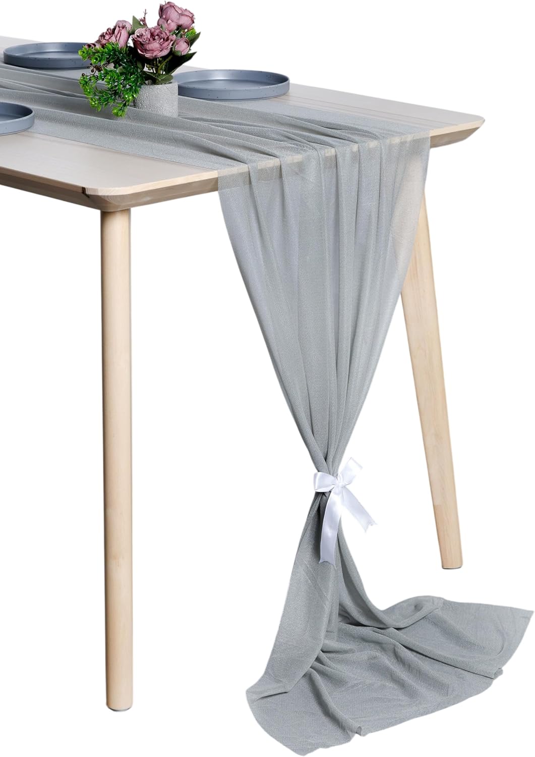 MDS 12 Pack 10ft Chiffon Table Runner 29 x120 Inches Sheer Wedding Runner Romantic Rustic Table Runner for Wedding Decorations, Birthday Parties, Bridal Shower Party Arch Decor - Gray