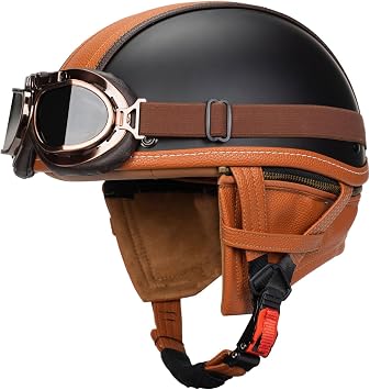 German Style Motorcycle Retro Half Helmet with Retractable Neck Curtain . Vintage Cap Skull Cap Open Face Helmet with Goggles for Cruiser Scooter Chopper