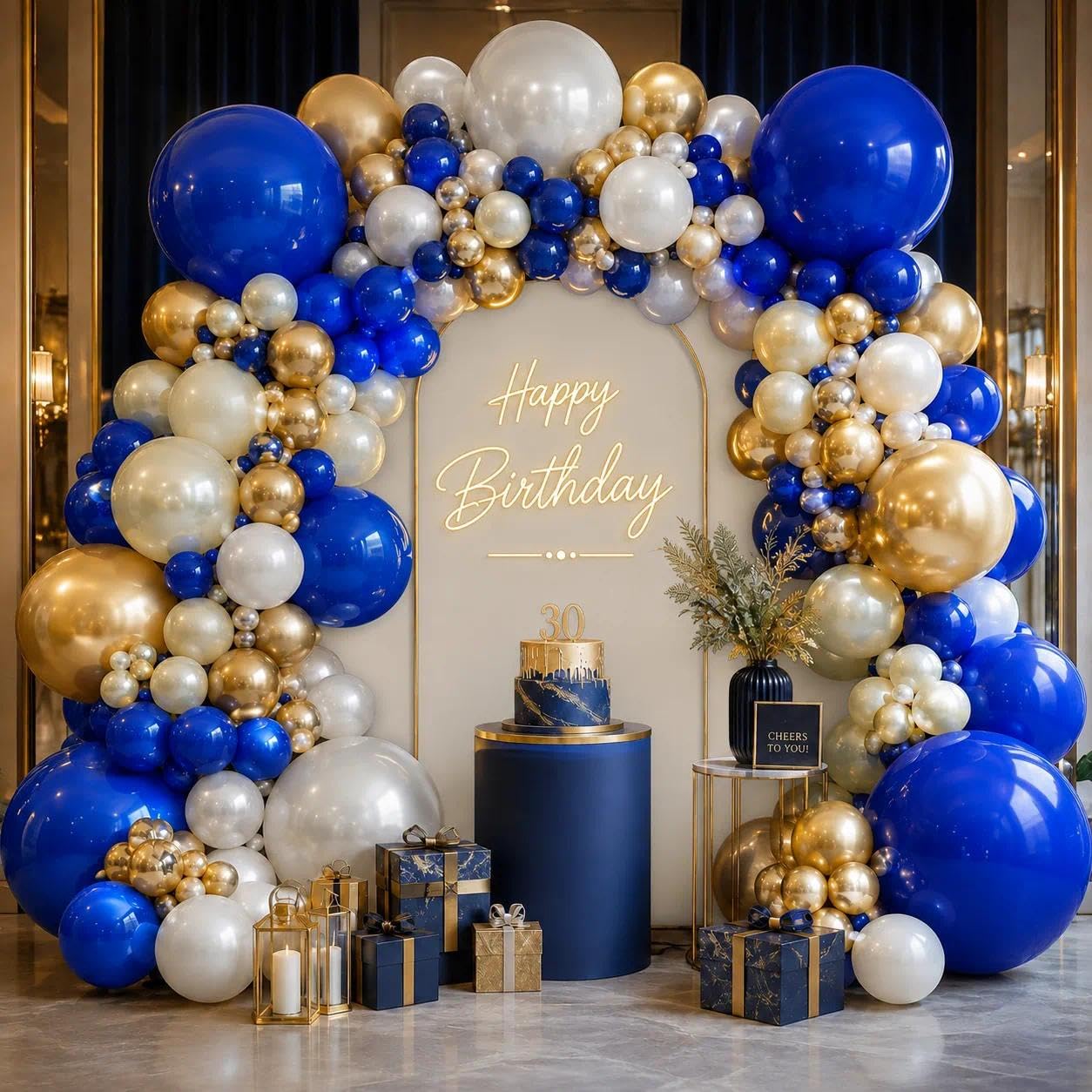 Royal Blue and Gold Balloons Double Stuffed Pearl Sand White Blue Gold Balloon Arch Kit for Birthday Anniversary Bachelorette Wedding Baby Shower New Year Party Decorations