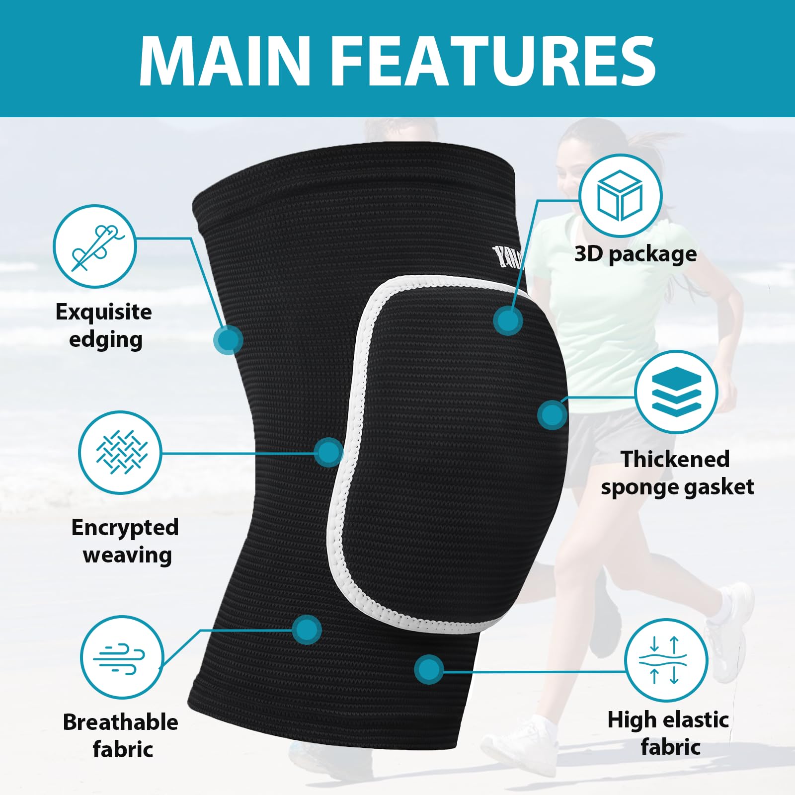 Genouillères de Protection Sport, Épais Antidérapant, pour Handball Basketball Course à Pied, Noir, Lot de 2