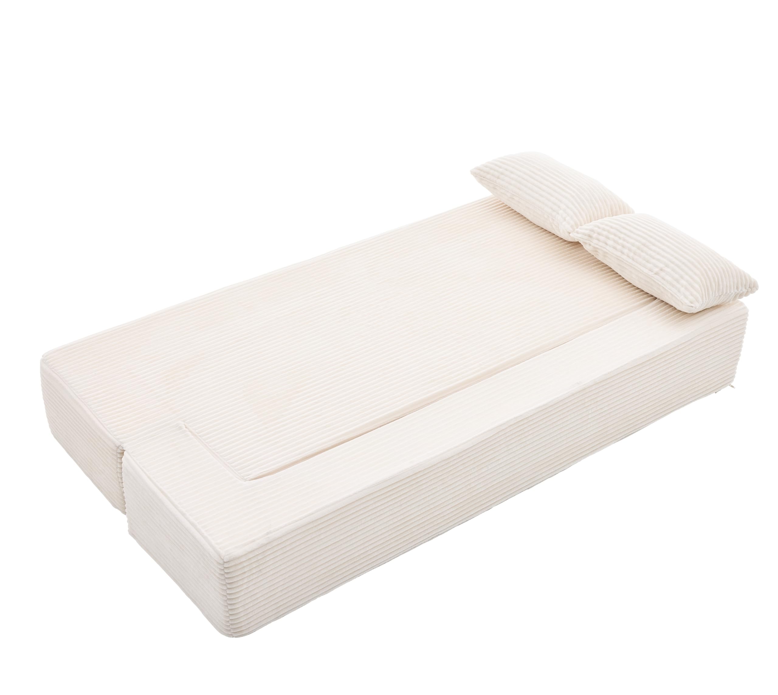 FurnitureR Sofá cama de pana beige 2 plazas Sofá de suelo modular | Sofá de pana beige con función de descanso, estructura modular, acolchado suave y montaje inmediato sin montaje.