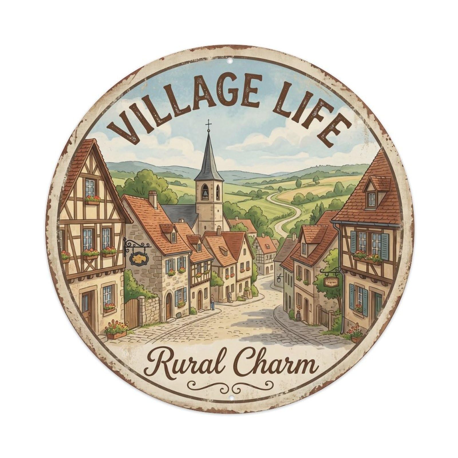 Vintage Travel Village Countryside Charm Metal Tin Sign