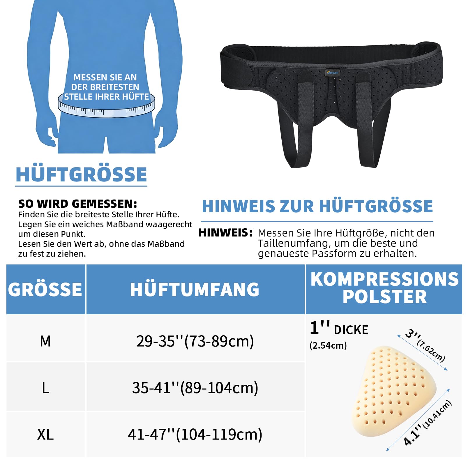 Tenbon Leistenhernie Gürtel für Männer & Frauen - Verstellbarer Kompressionsgurt mit Atmungsaktivem Mesh | Support bei Leistenbruchschmerzen (Größe M, 73-89cm Hüftumfang)