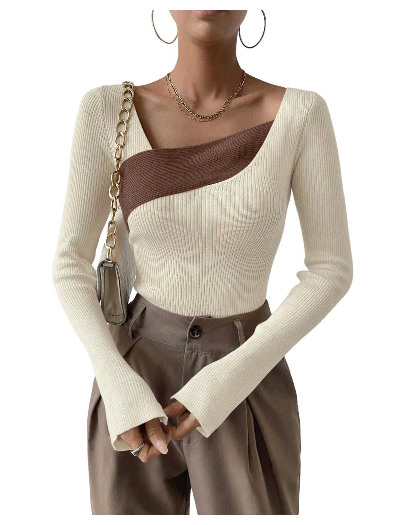 SweatyRocks Womens Color Block Asymmetrical Neck Sweaters Ribbed Knit Long Sleeve Pullovers